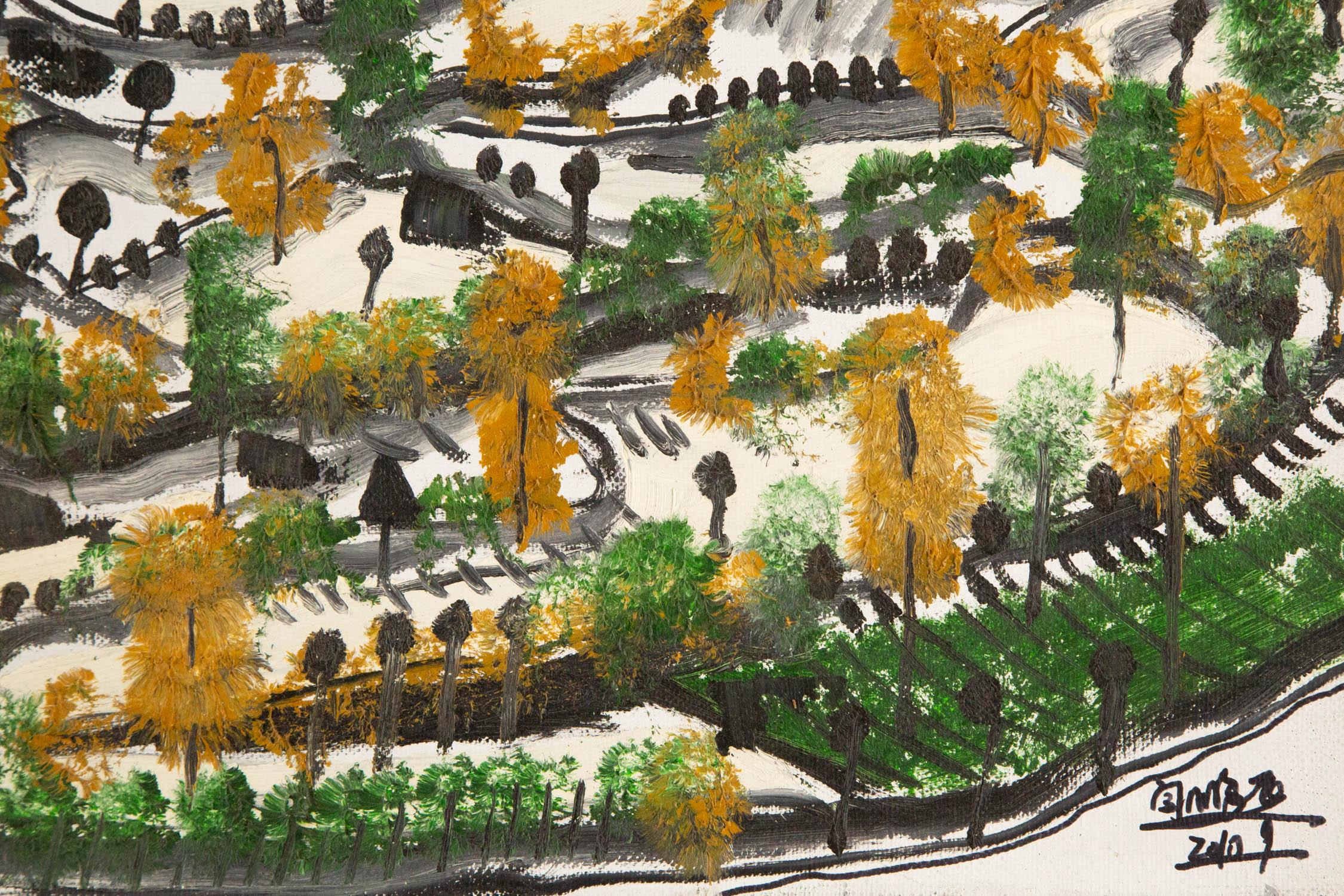 Huile sur toile originale PengFei Yan Landscape jaune et vert en vente 4