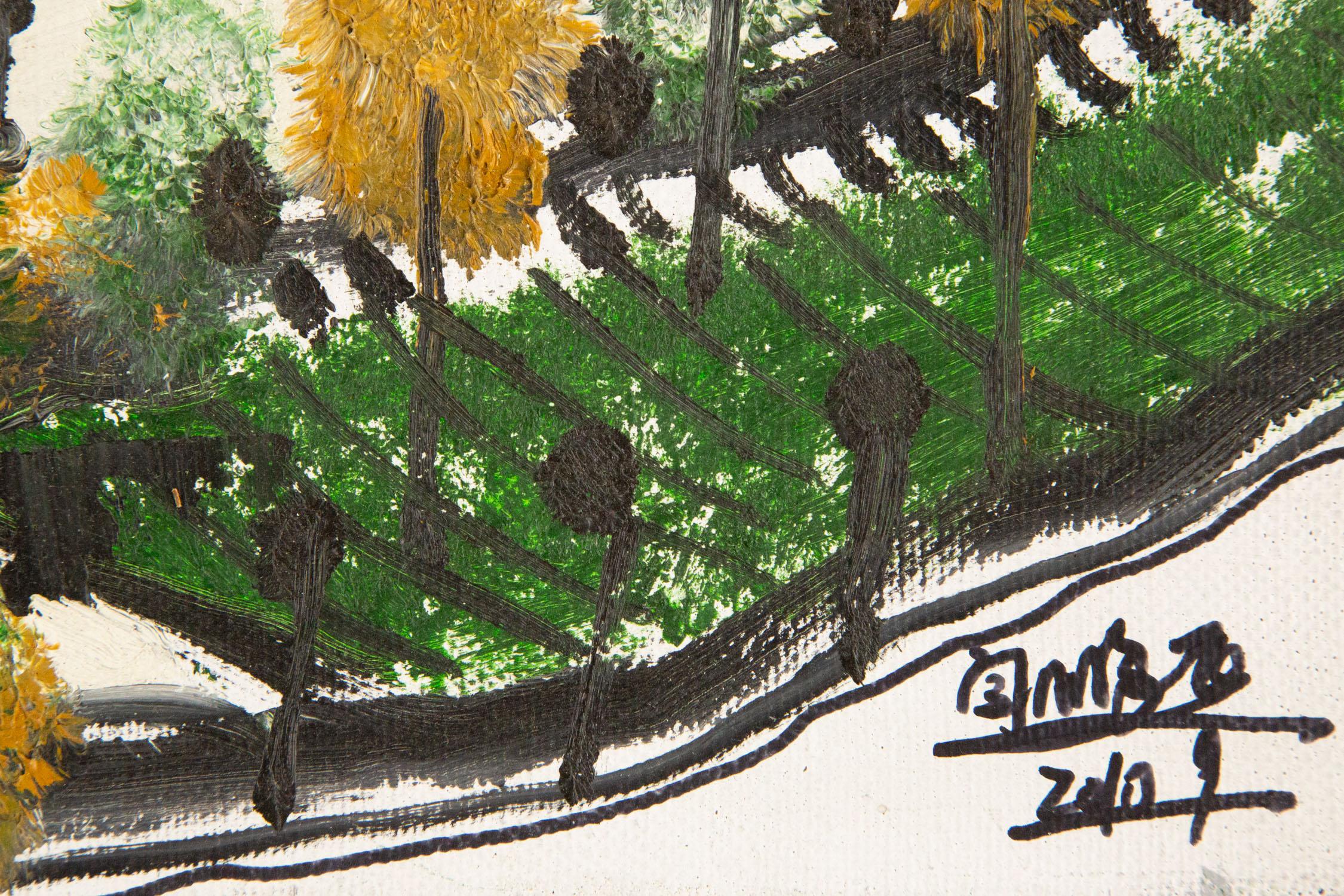 Huile sur toile originale PengFei Yan Landscape jaune et vert en vente 5