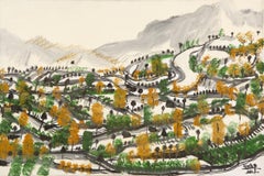 Huile sur toile originale PengFei Yan Landscape jaune et vert