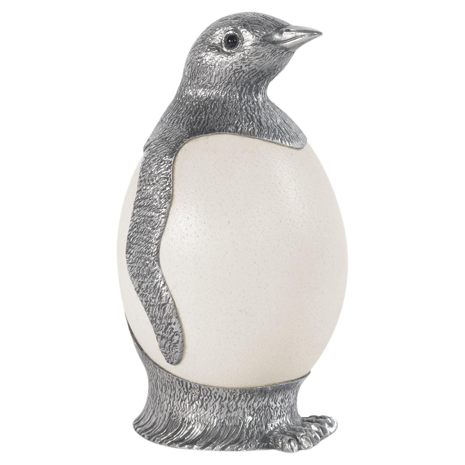 Penguin by Alcino Silversmith Handcrafted in Sterling Silver with Ostrich Egg For Sale