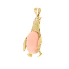Penguin Diamond Coral 18 Karat Yellow Gold Pendant Necklace