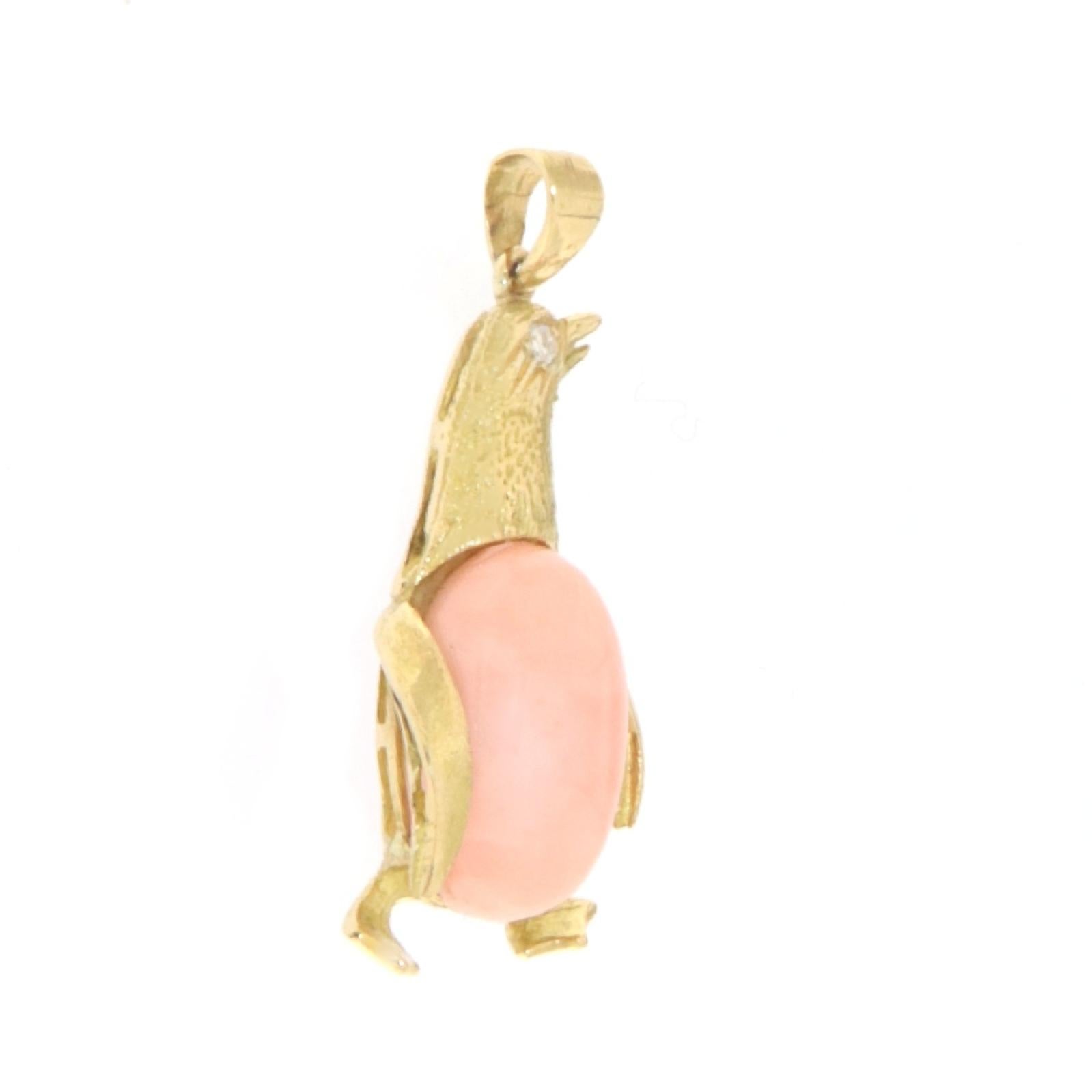 Artisan Penguin Diamond Coral 18 Karat Yellow Gold Pendant Necklace For Sale