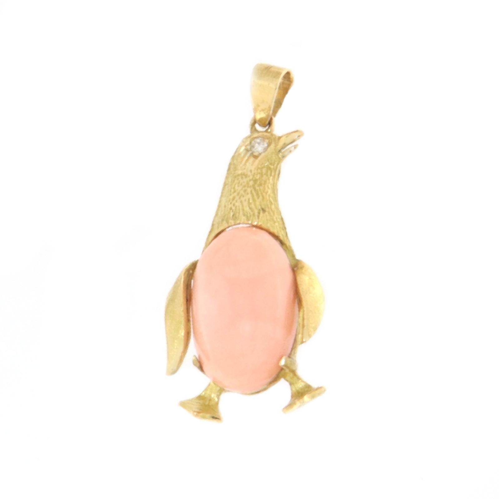 Women's Penguin Diamond Coral 18 Karat Yellow Gold Pendant Necklace For Sale