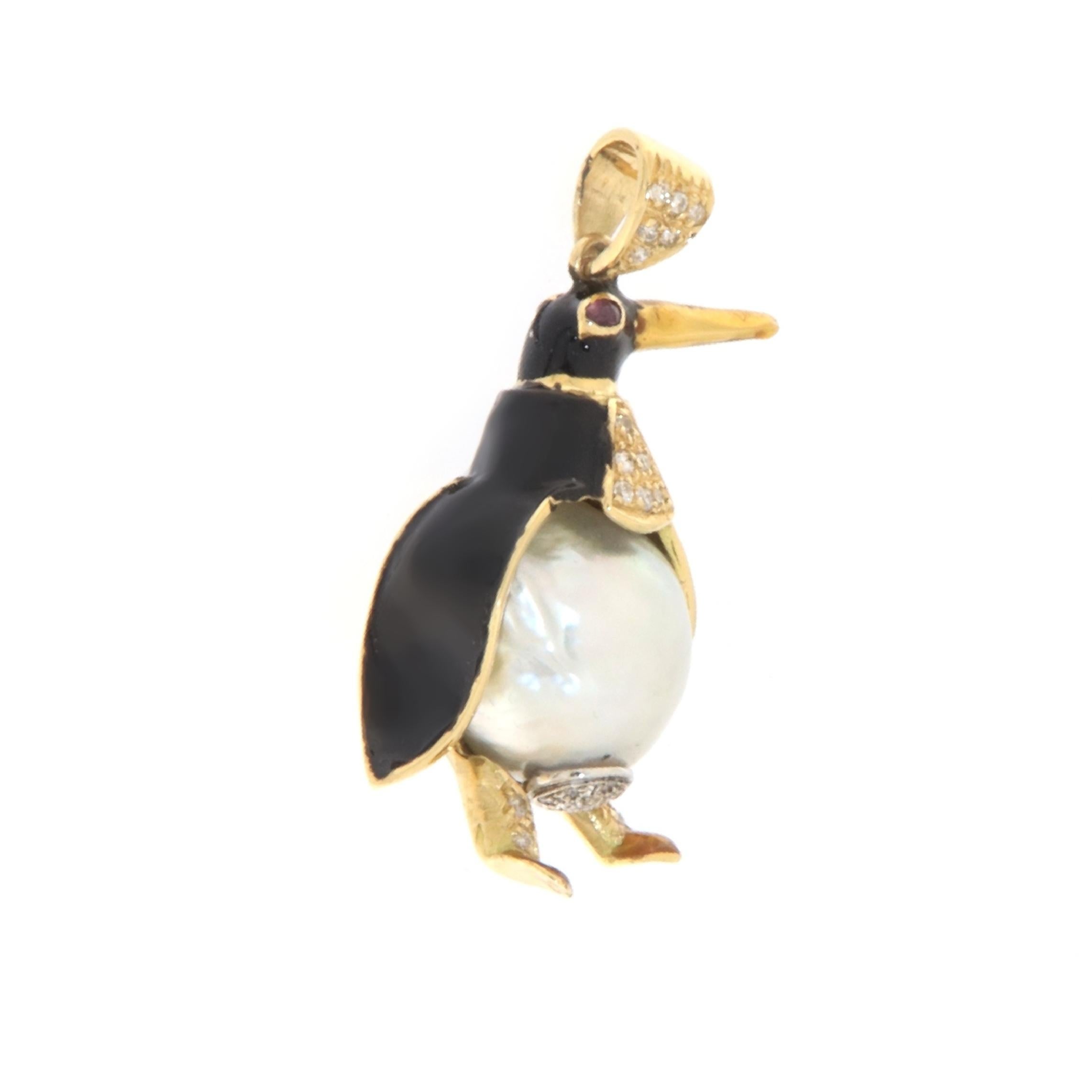Artisan Penguin Diamonds Pearl Ruby 18 Karat Yellow Gold Pendant Necklace For Sale