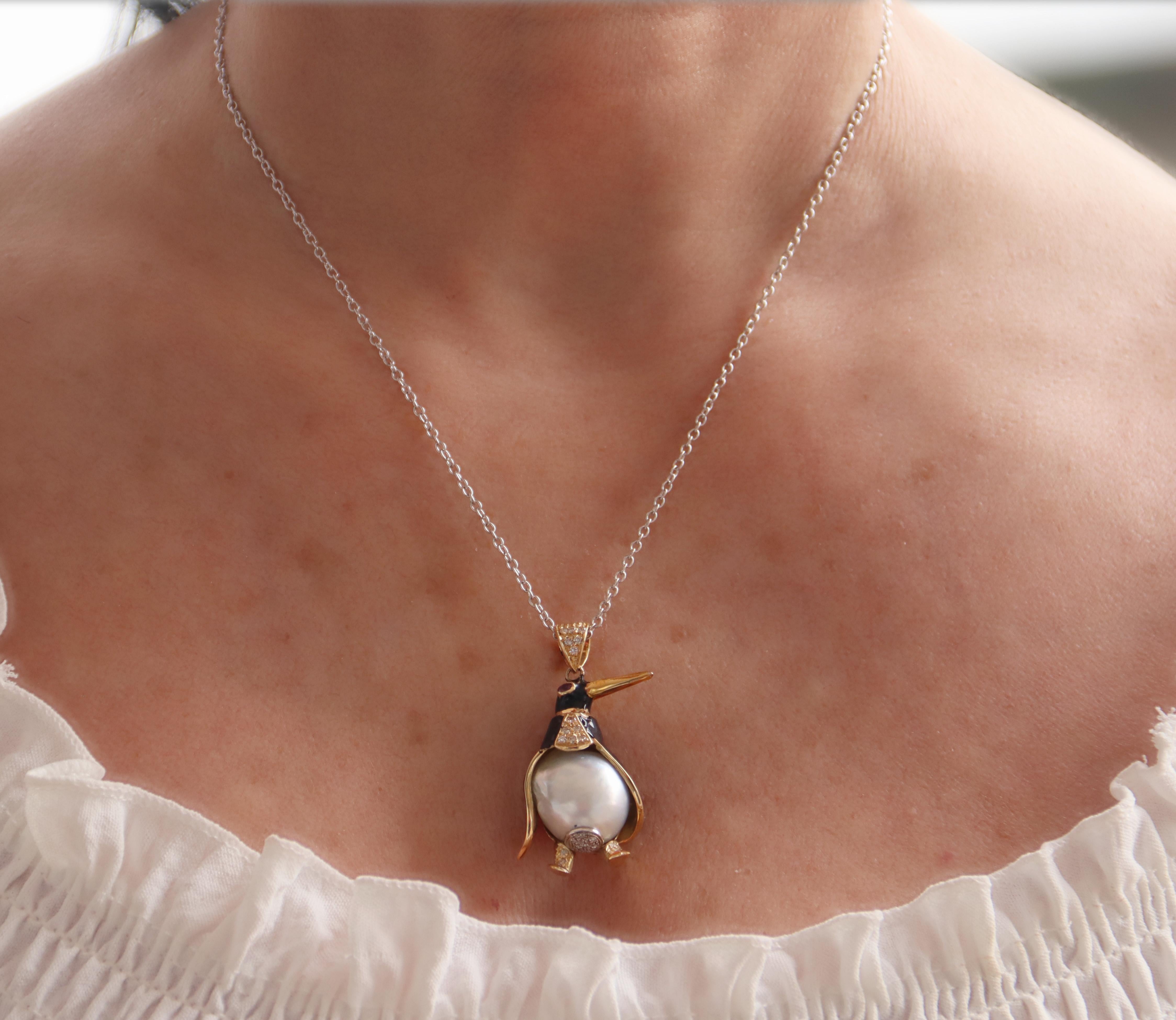 Penguin Diamonds Pearl Ruby 18 Karat Yellow Gold Pendant Necklace For Sale 2