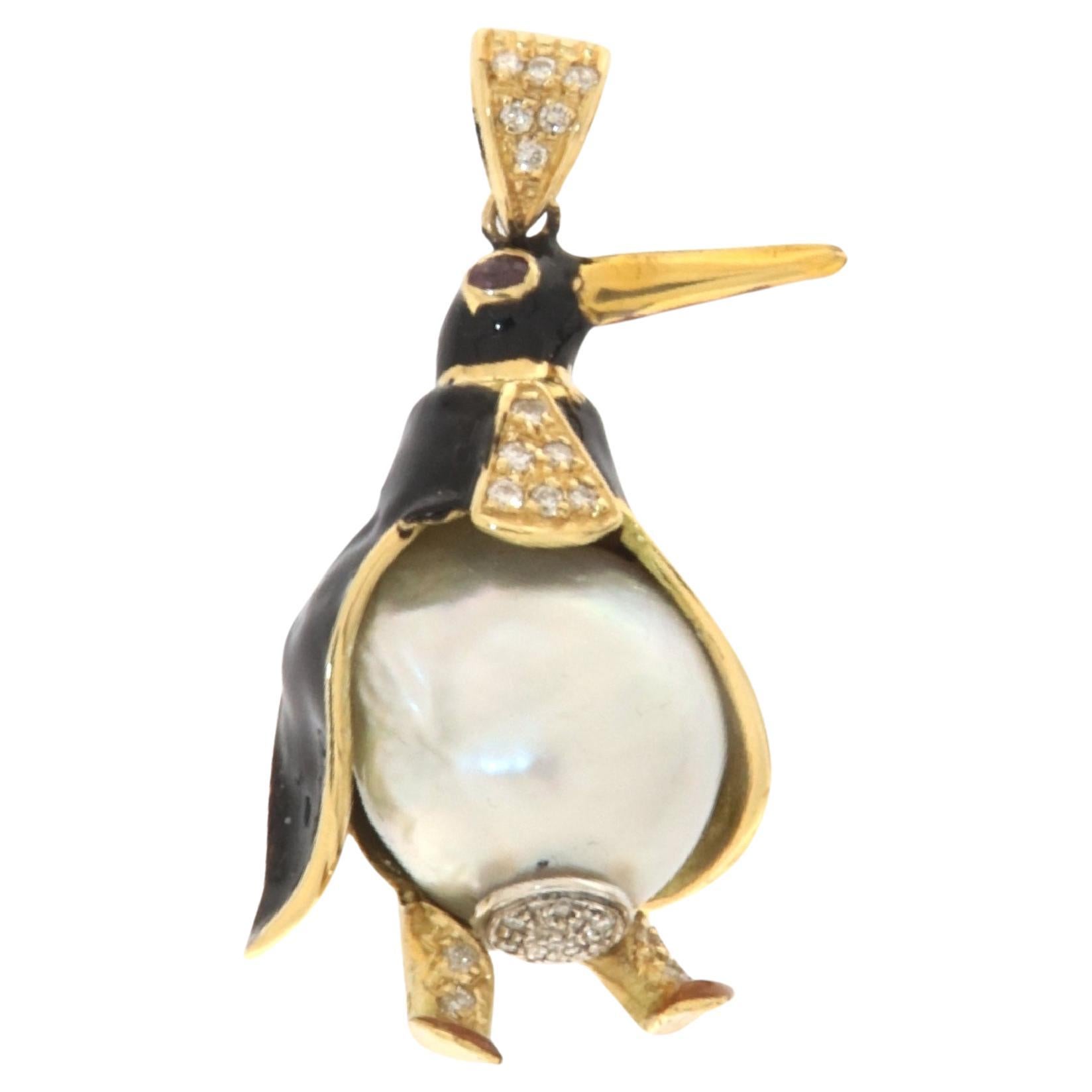 Penguin Diamonds Pearl Ruby 18 Karat Yellow Gold Pendant Necklace For Sale