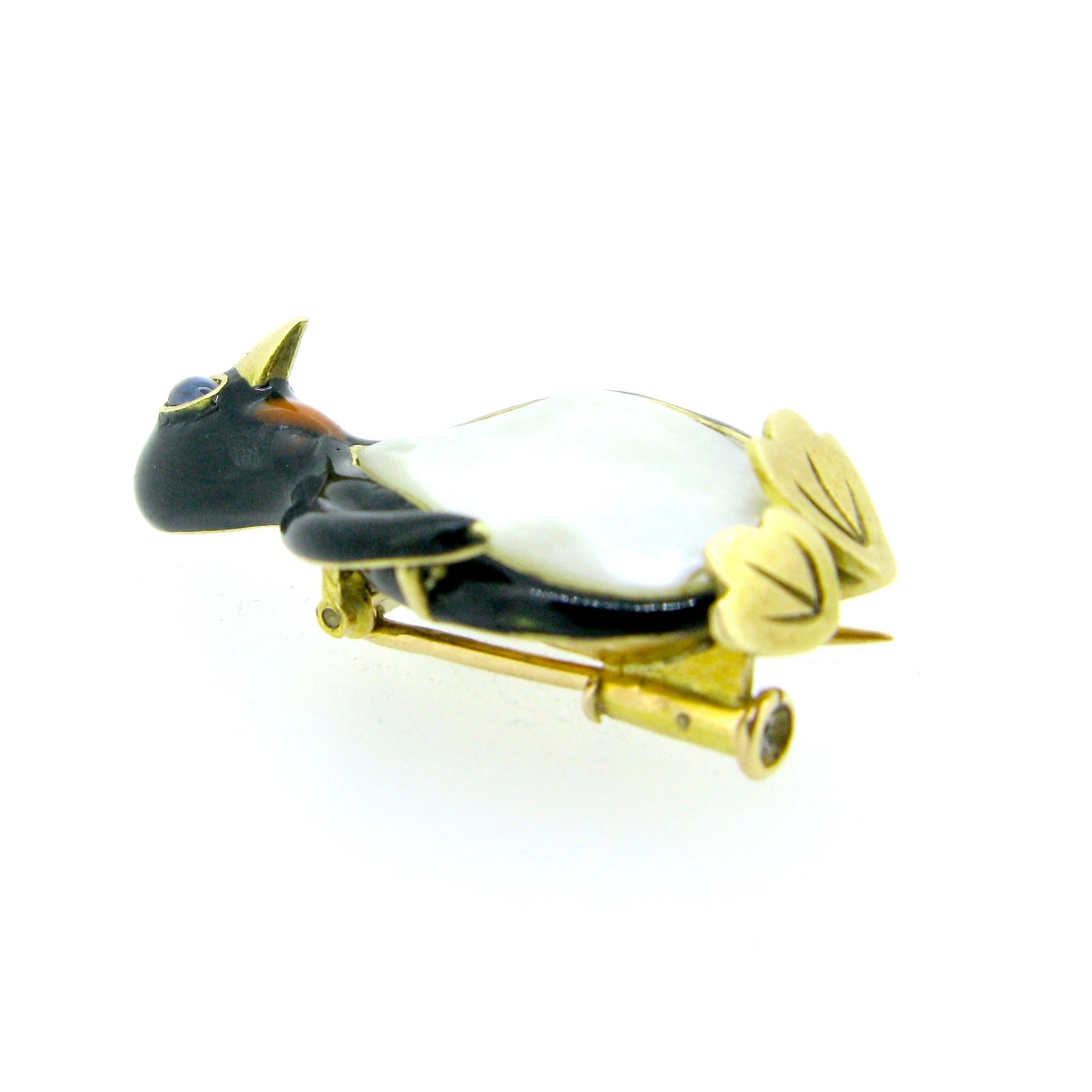 Penguin Enamel Sapphire and Mother of Pearl Pin Brooch In Good Condition In London, GB
