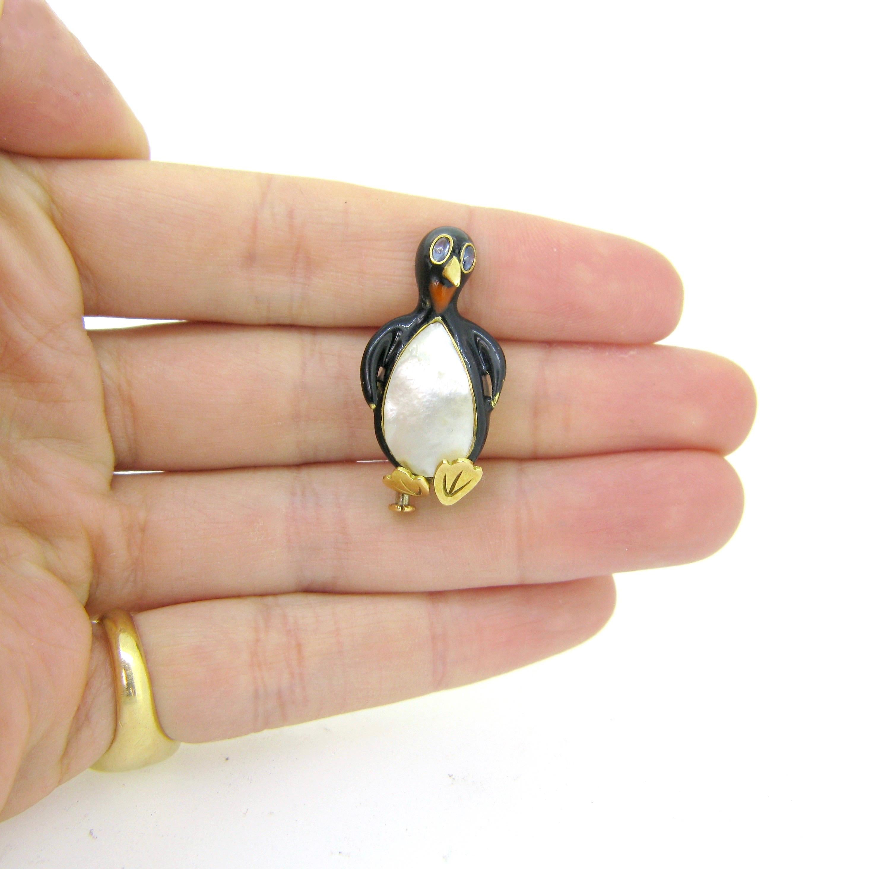 Penguin Enamel Sapphire and Mother of Pearl Pin Brooch 1
