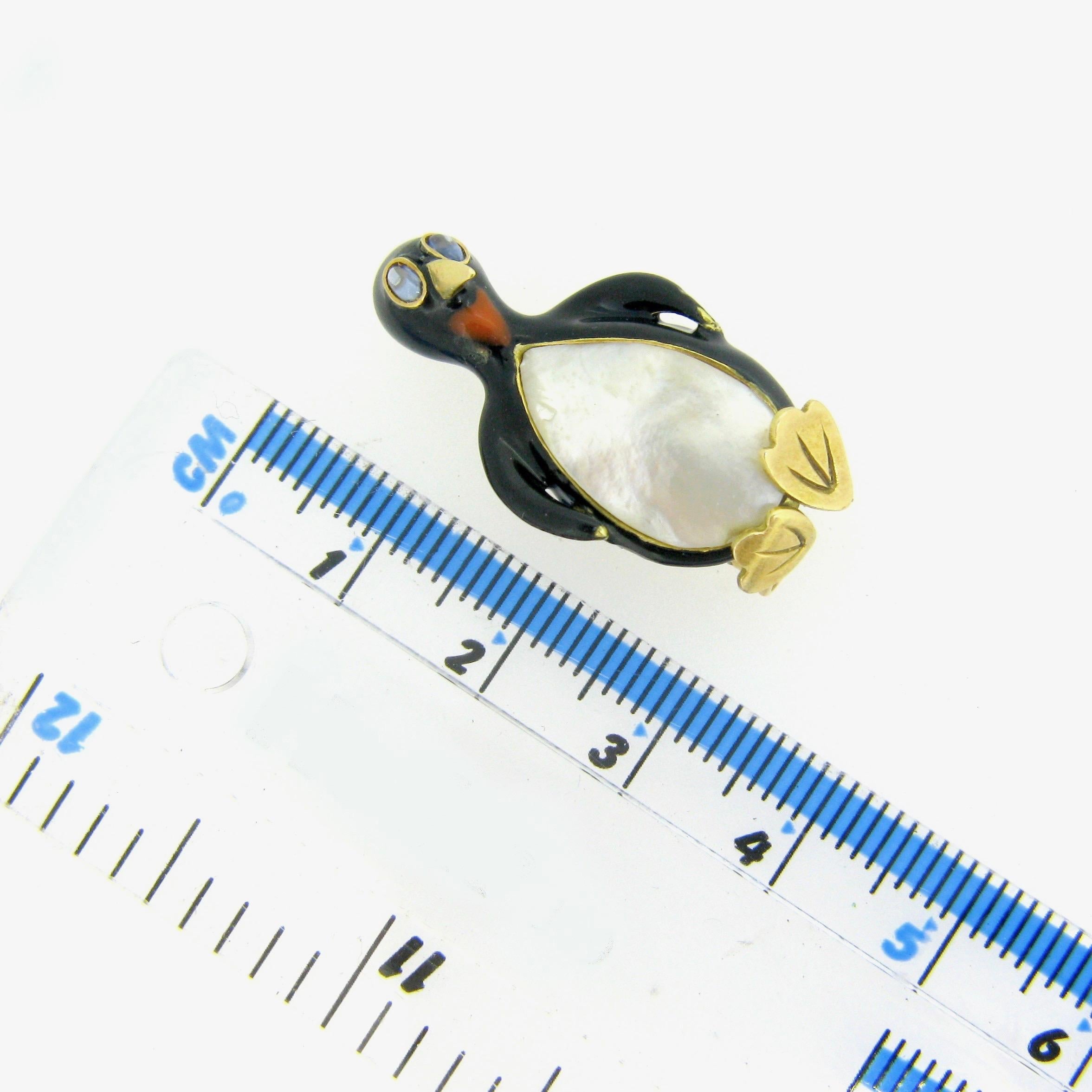 Penguin Enamel Sapphire and Mother of Pearl Pin Brooch 2
