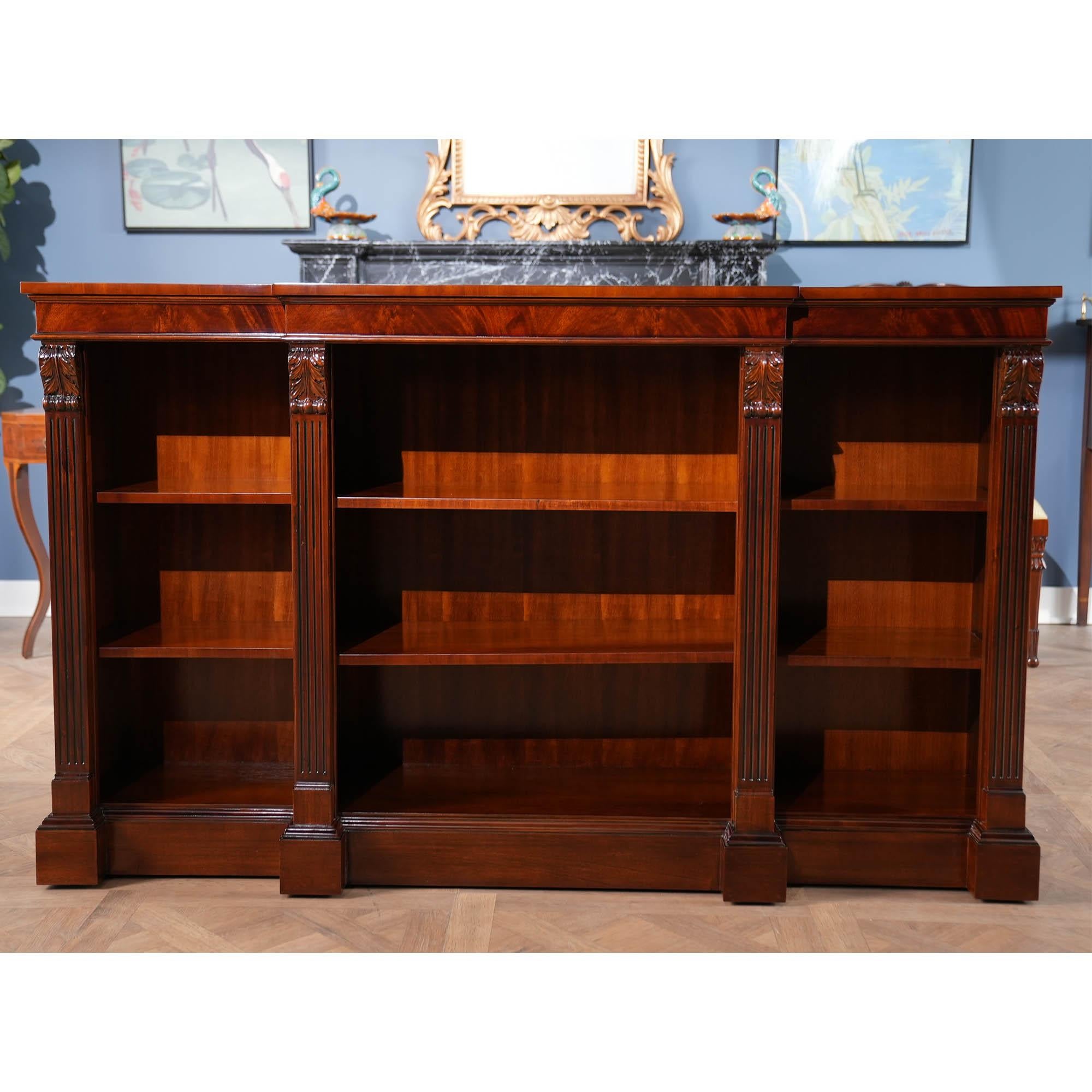 This very popular Penhurst Mahogany Bookcase from Niagara Furniture has a lot of great features. It’s overall breakfront shape separates it from other flat fronted bookcases, the figural mahogany detailed cornice is beautiful and adds a sense of