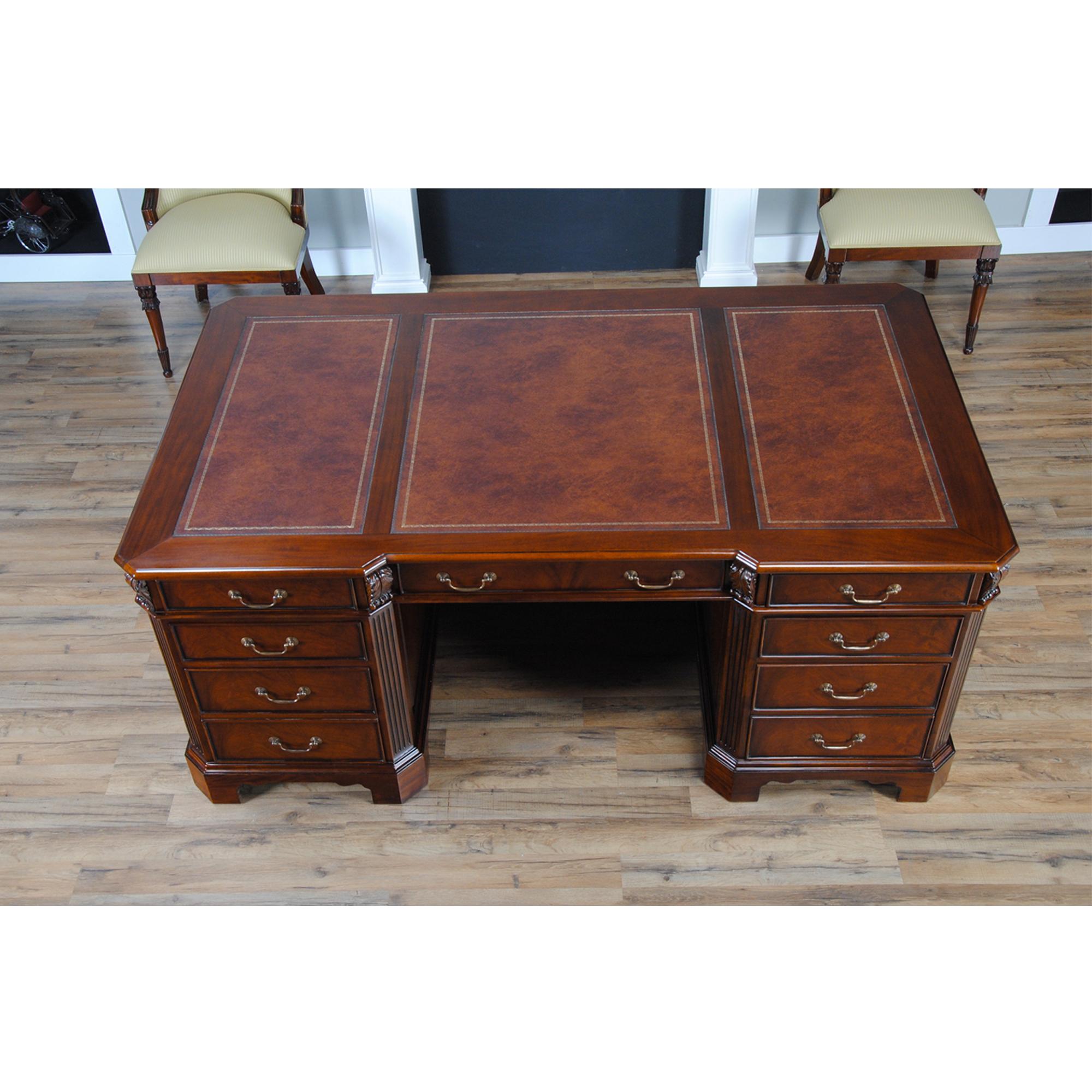 The Penhurst Mahogany Desk in the Niagara Furniture collection. This desk matches a number of other pieces which we produce, please see the links below for related products. The fantastic solid mahogany top frame is inset with three genuine, full