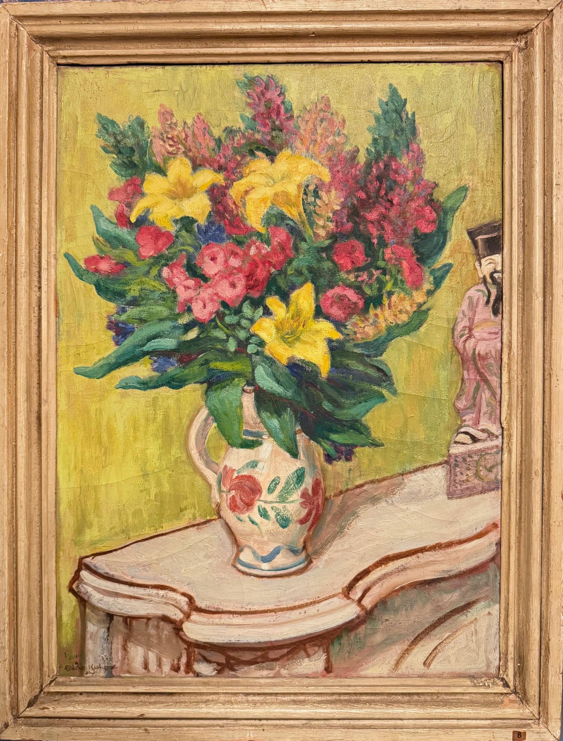 Amusante nature morte art déco de Penina Kishore, membre de Yaddo Art Coloni, c.C. 1936. On sait très peu de choses sur l'artiste. Elle a illustré plusieurs livres, dont un sur la colonie de Yaddo, et a été l'auteur d'un livre pour enfants.