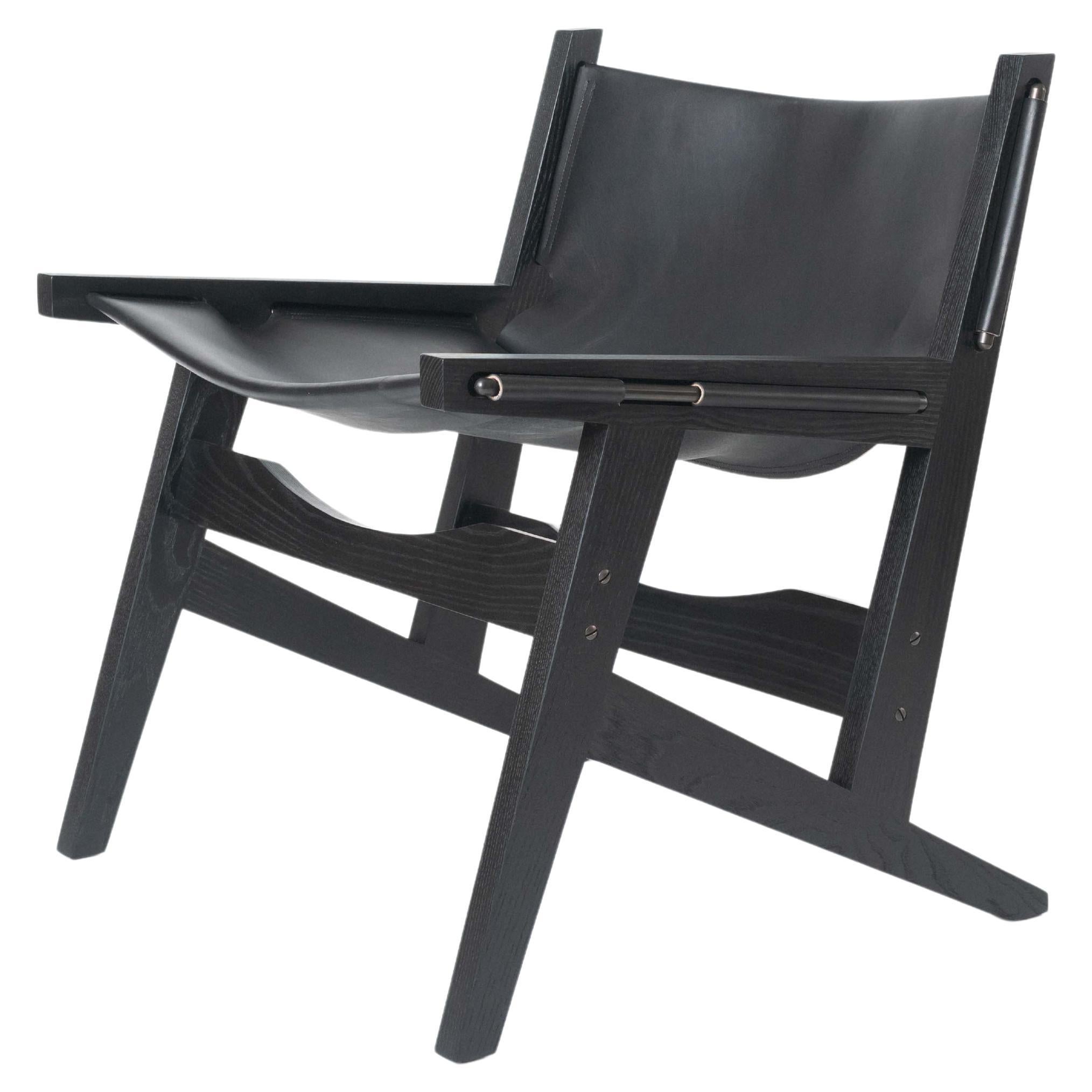 Sling Chair with Leather, Arms Connected, Lounge Armchair Walnut