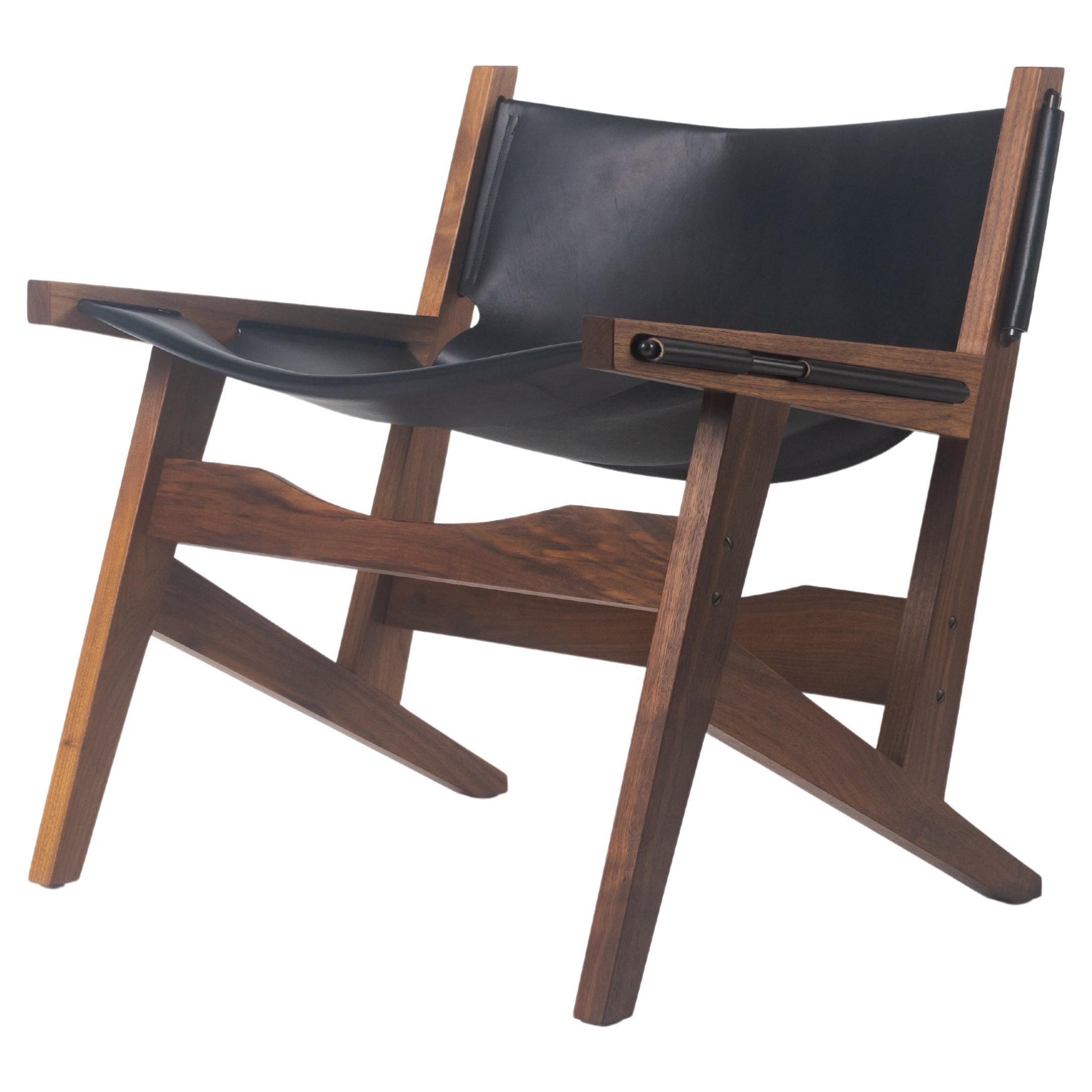 Peninsula Lounge Chair, Modern Wood and Leather Sling Chair with Brass Details
