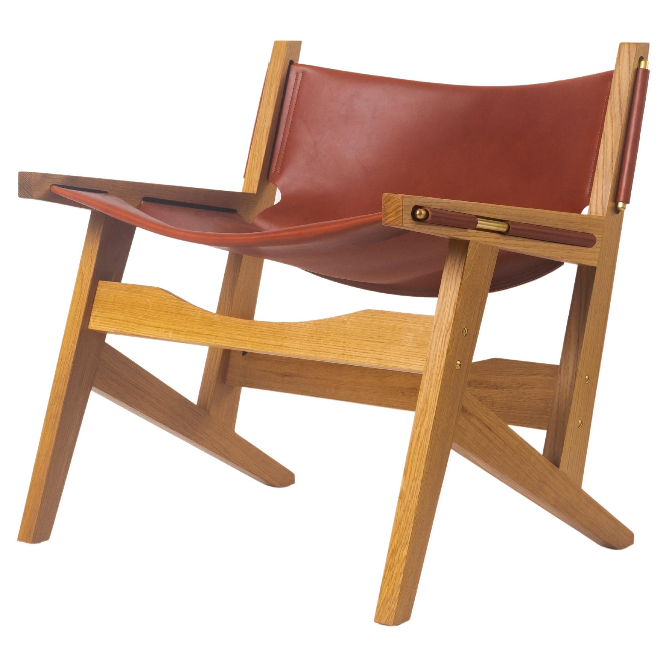 Peninsula Lounge Chair,  Modern Wood and Leather Sling Chair with Brass Details