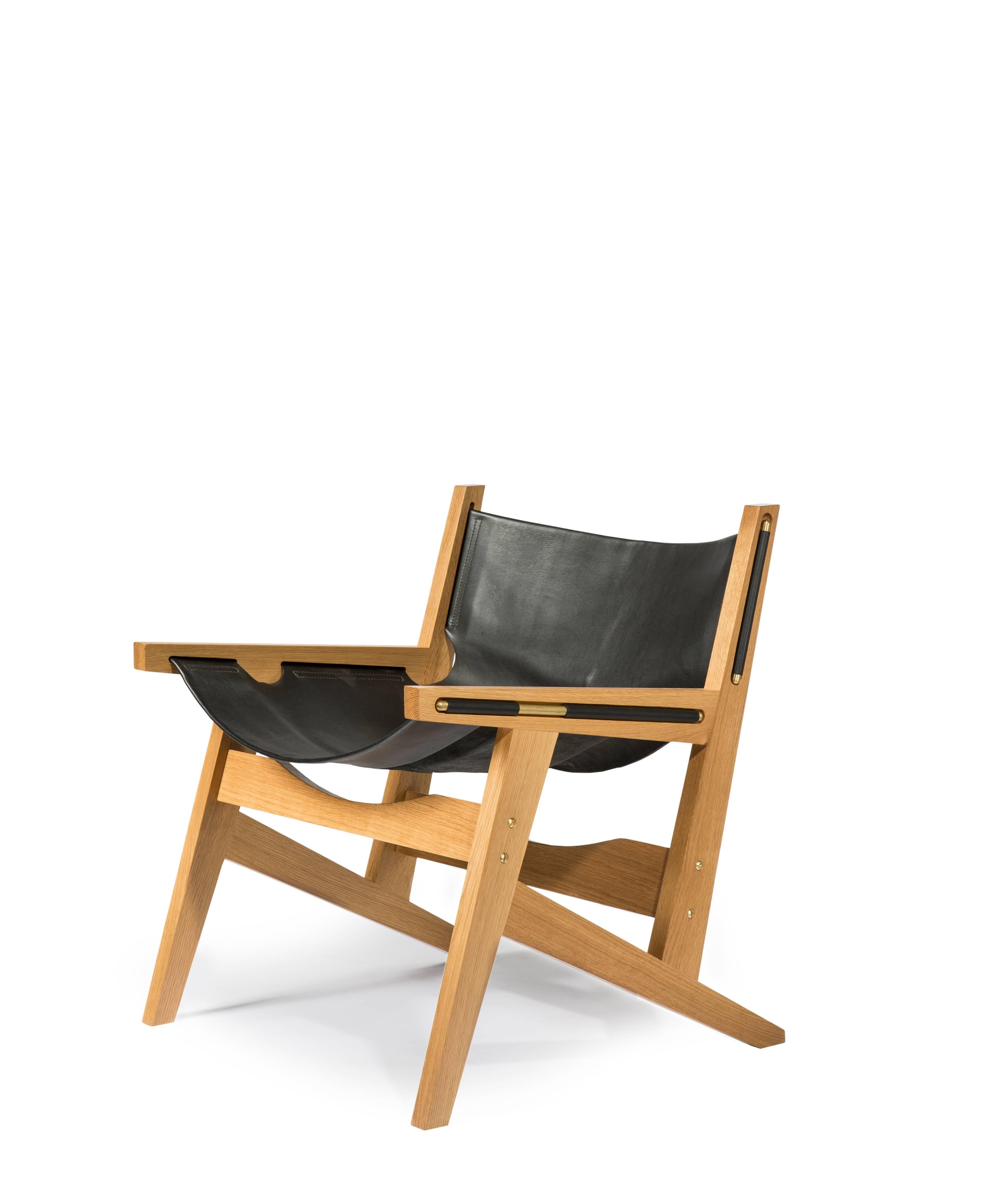 Peninsula Lounge Chair,  Modern Wood and Leather Sling Chair with Brass Details For Sale 1