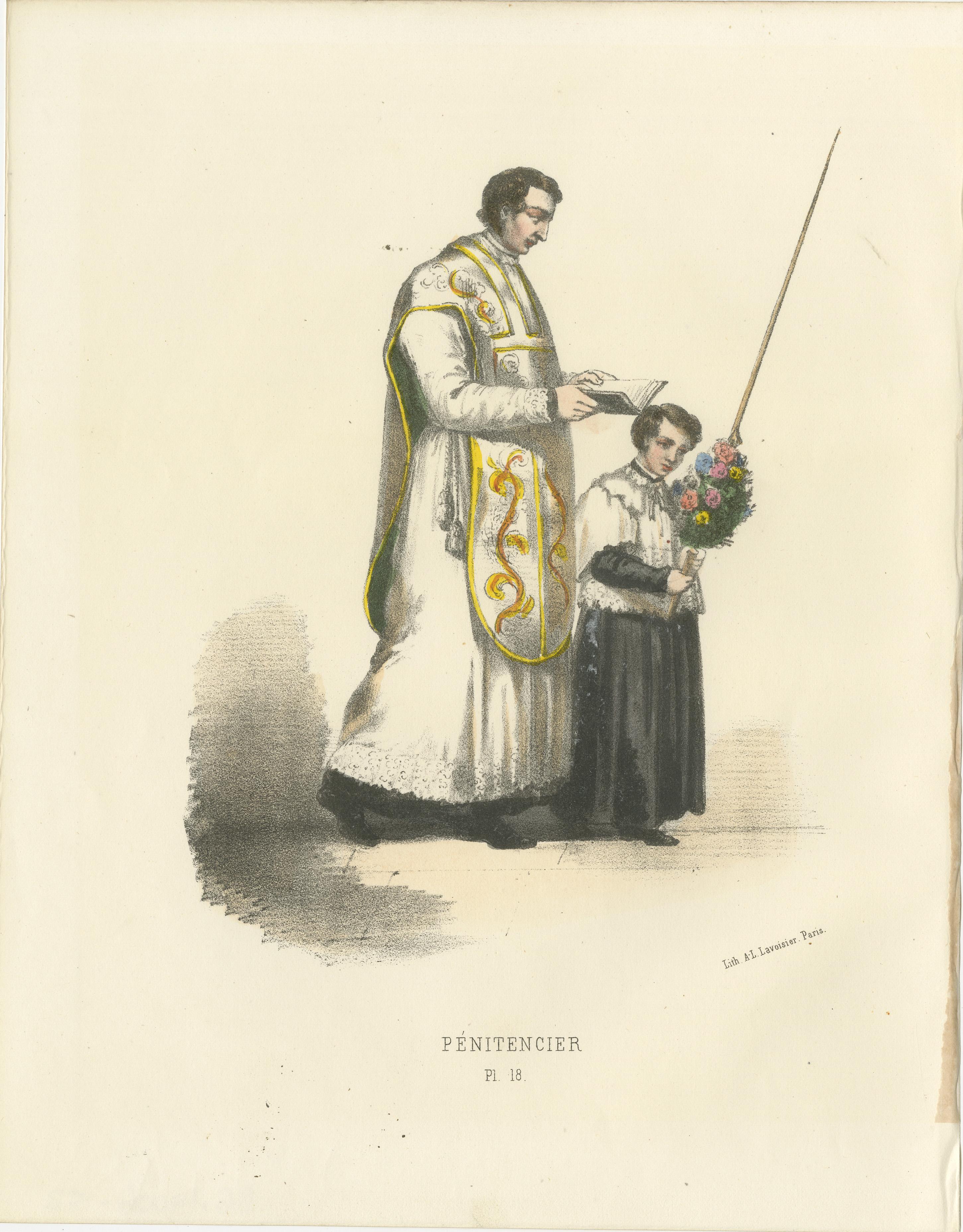 Pénitencier: Handkolorierter Druck eines Beichtvaters mit Akolyth, Tafel 18, 1862  
 
Diese wunderschöne handkolorierte Lithografie, Pénitencier (Bekenner), ist Tafel 18 aus der zweiten Ausgabe von Album ou Collection Complète, et Historique des
