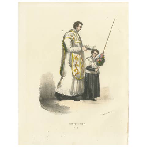 Pénitencier: Handcolored Print of a Confessor with Acolyte, Plate 18, 1862