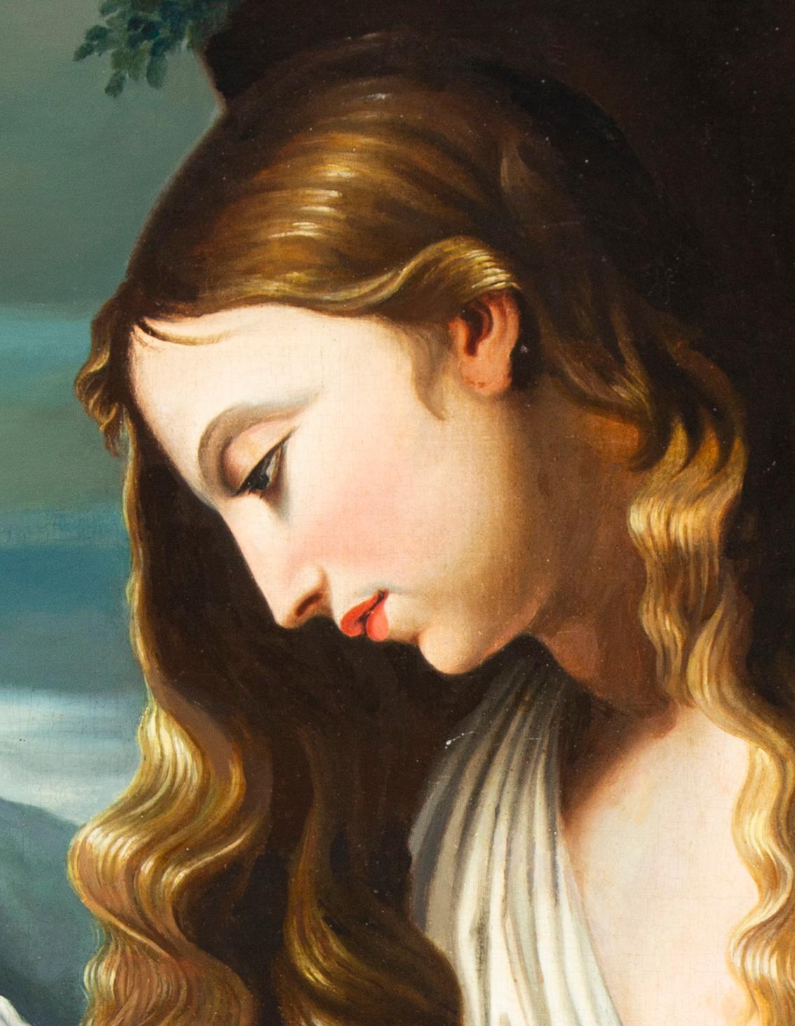The painting shows Magdalene with a crucifix. The intimate composition raises the inner contemplation and penitence of the biblical figure to be the subject of the artwork.
The oil painting on re-mounted canvas in in good conition, but the frame