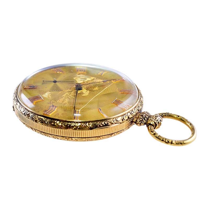 FACTORY / HOUSE: Penlington London 
STYLE / REFERENCE: Open Faced Pocket Watch
METAL / MATERIAL: 18kt Yellow Gold
CIRCA / YEAR: 1850's
DIMENSIONS / SIZE: 53mm
MOVEMENT / CALIBER: Keywinding Winding / 15 Jewels 
DIAL / HANDS: Hand Made Solid Gold