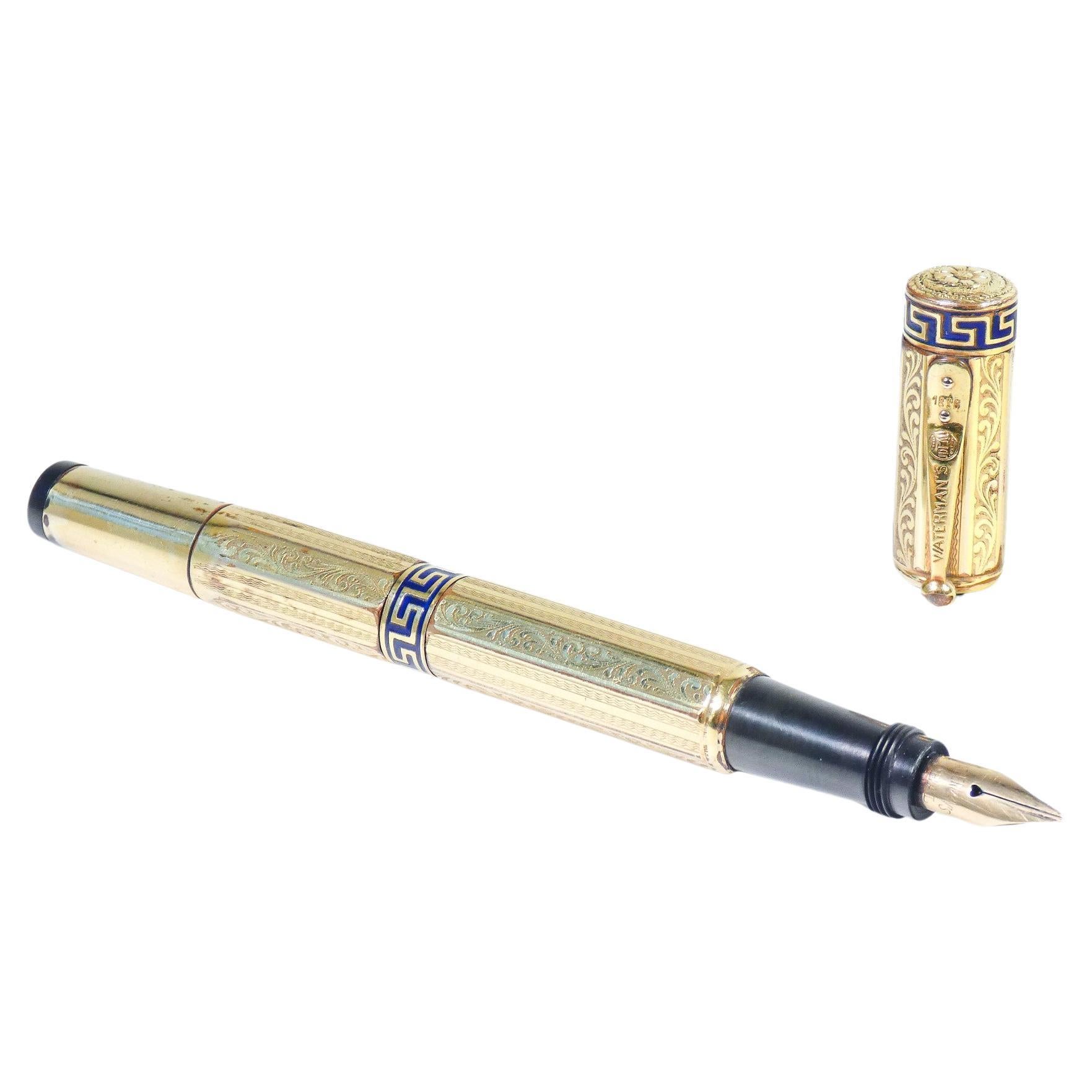 WATERMAN 42 ½ Safety fountain pen, laminated in gold, enamel fretwork. 1930  For Sale at 1stDibs