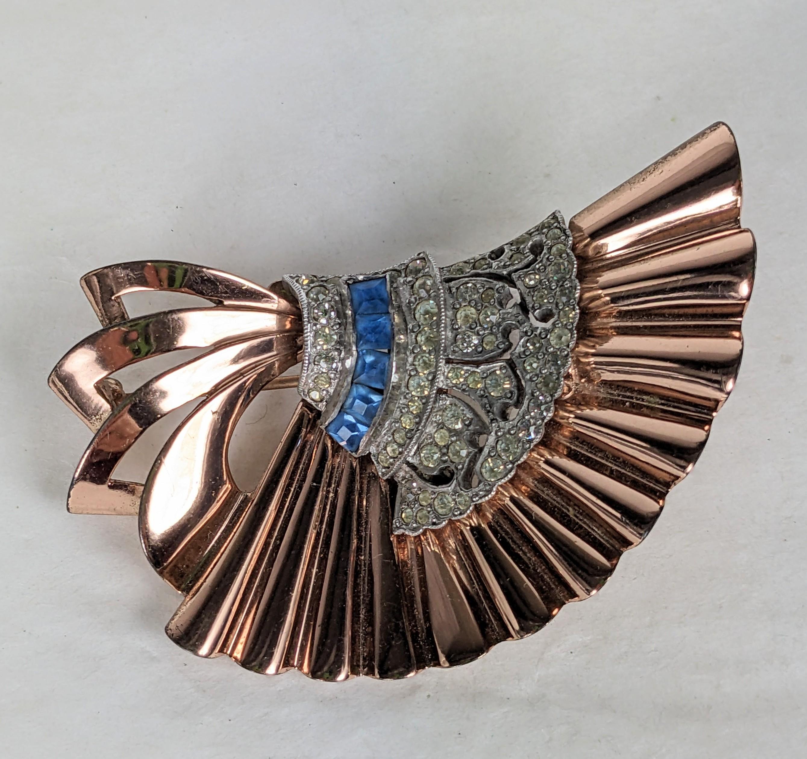 Pennino Pink Gold Vermeil Retro Fan Shaped Brooch from the 1940's in sterling. Pave accented central motif with square cut faux aquamarines. Wonderful design and condition. Signed Pennino Sterling, 1940's USA. 2.5
