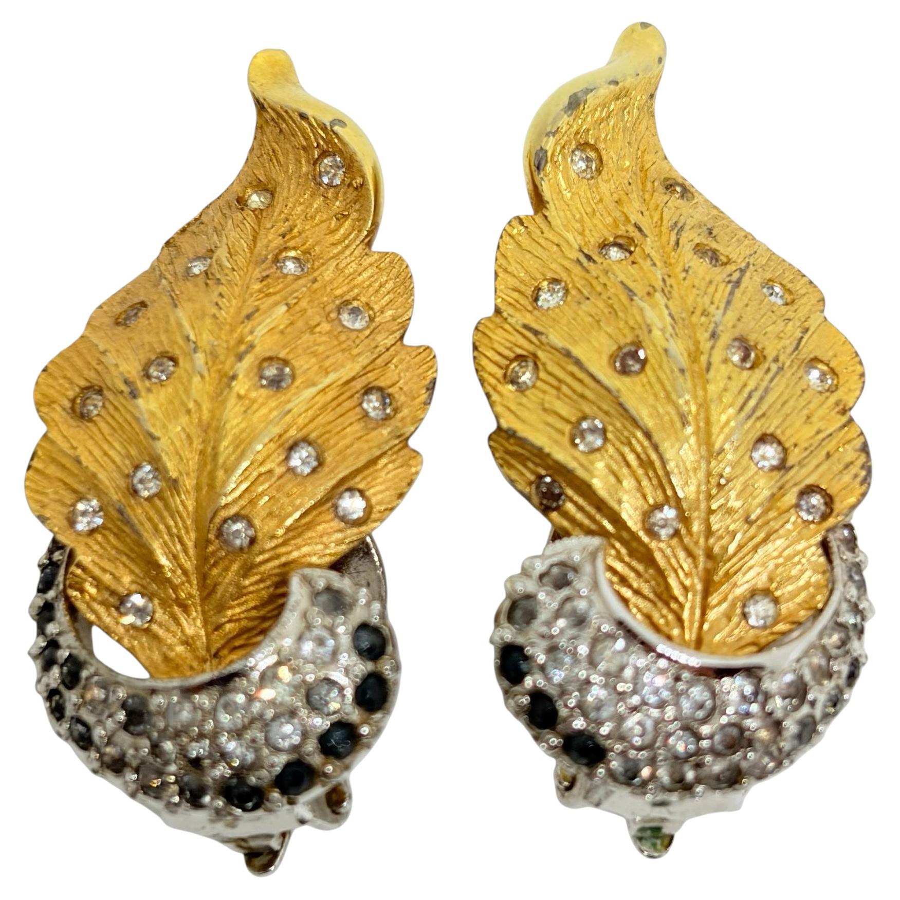 PENNINO signed vintage gold silver tone rhinestones designer clip on earrings