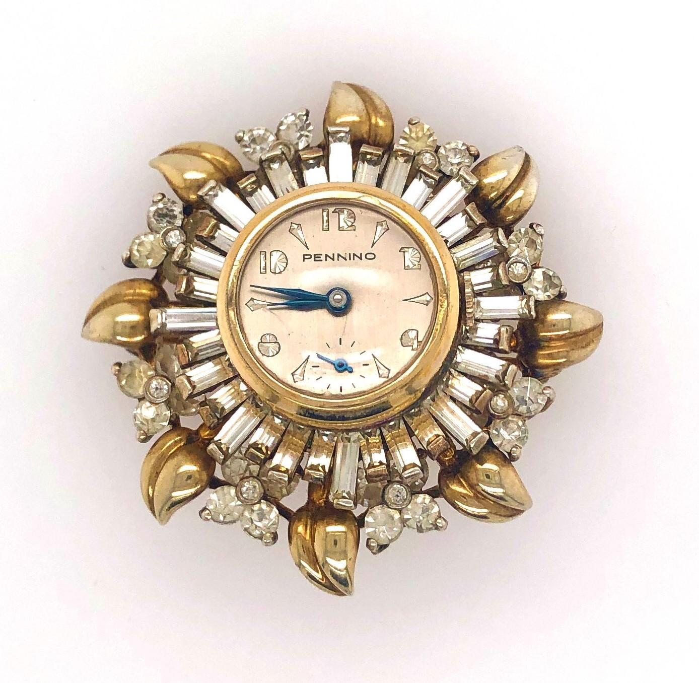 Pennino Sunburst Sterling Silver Vermeil Rhinestone Watch Brooch Pin Pendant In Good Condition For Sale In Mount Kisco, NY