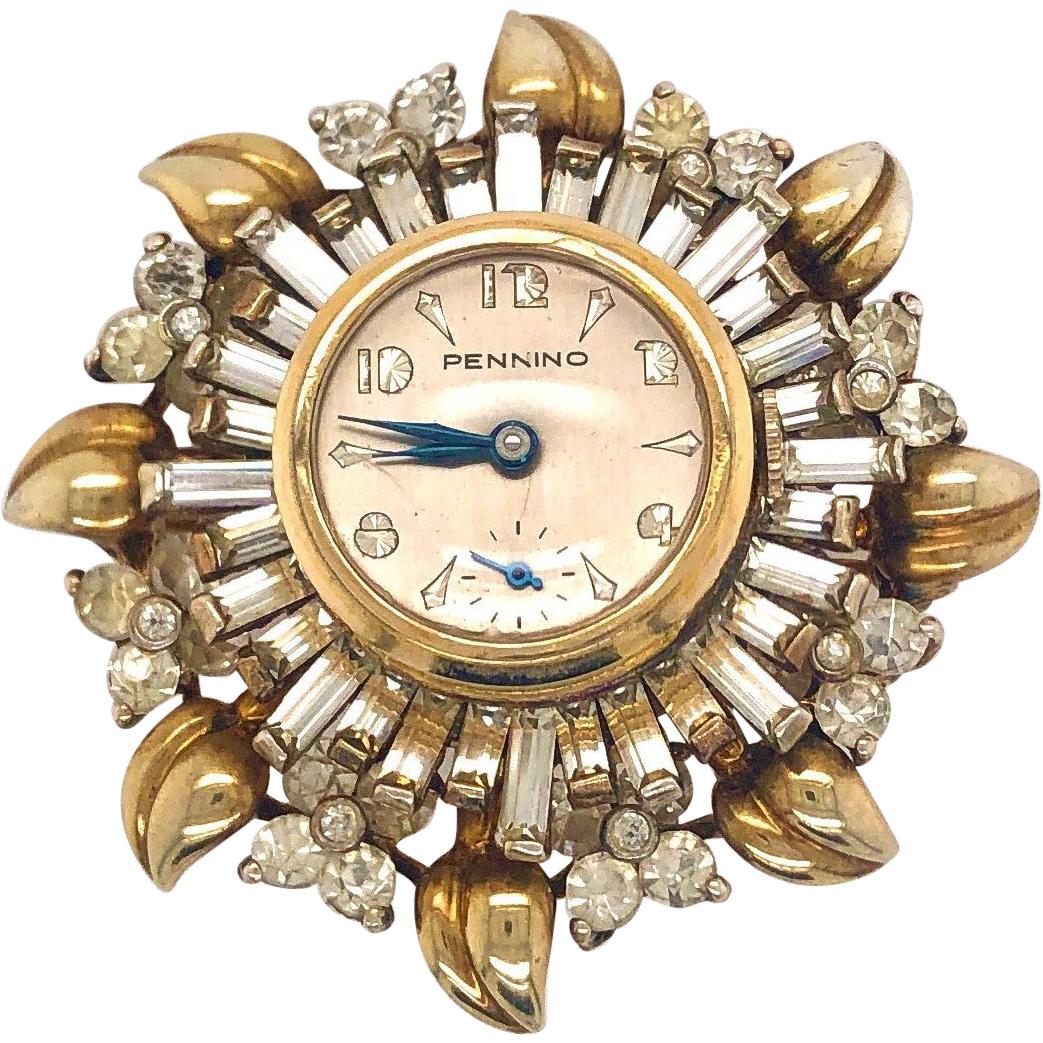 Pennino Sunburst Sterling Silver Vermeil Rhinestone Watch Brooch Pin Pendant For Sale