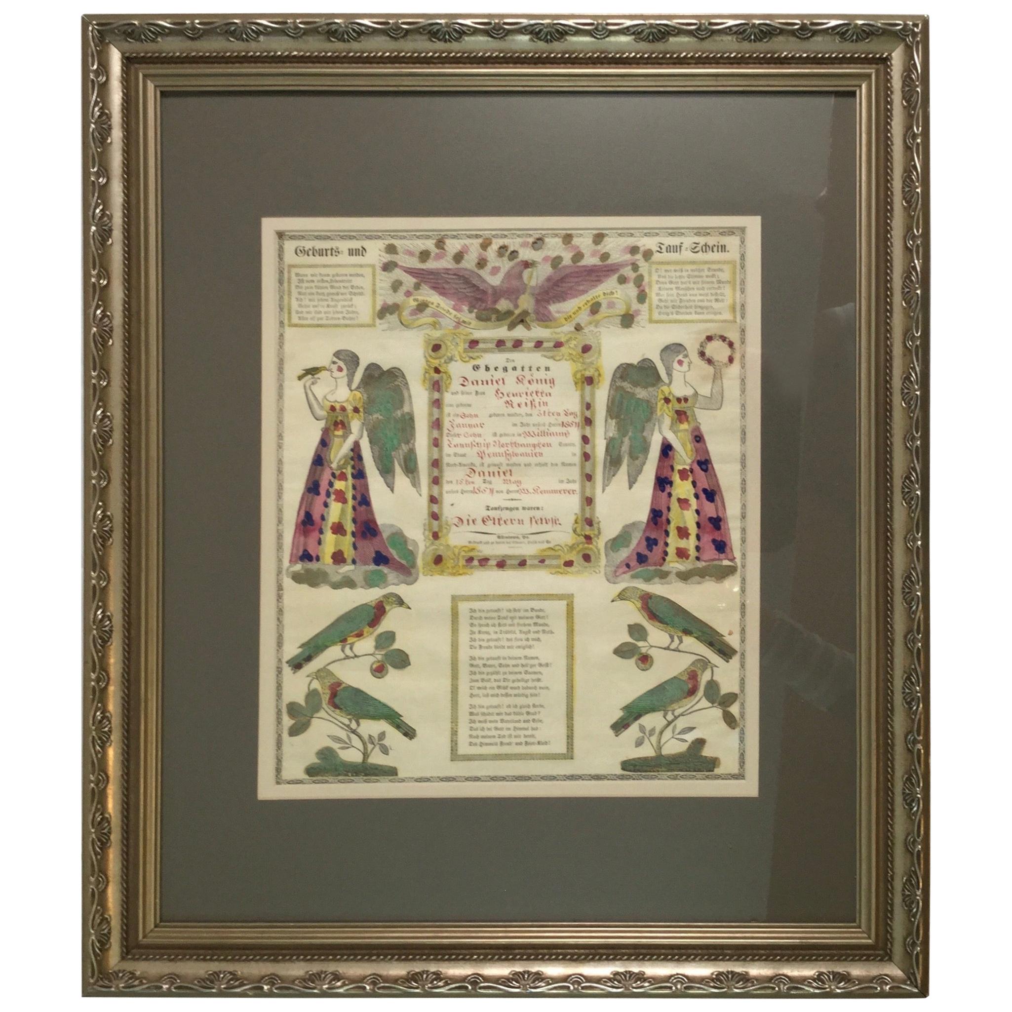 Pennsylvania 1854 Fraktur For Sale