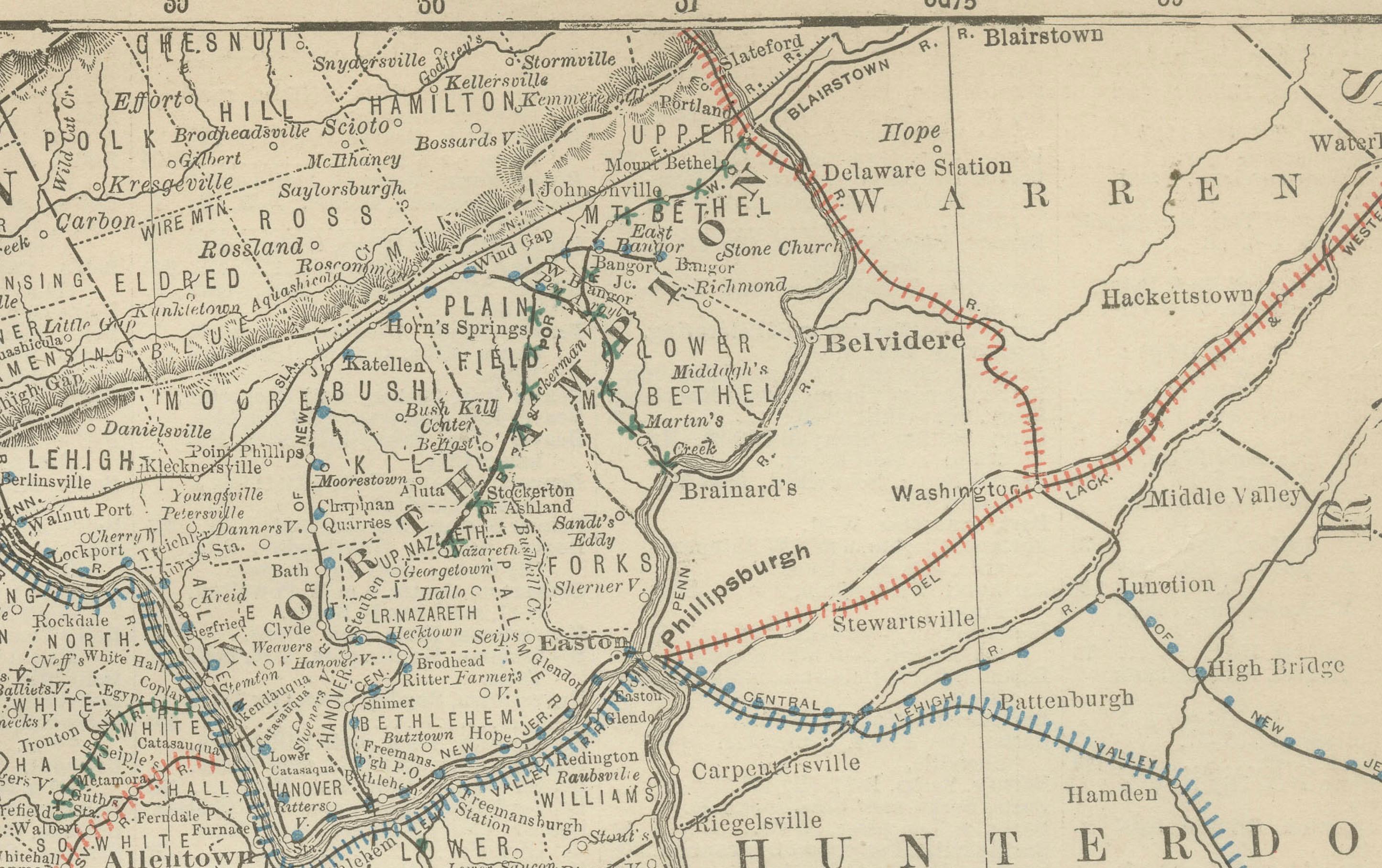 American Pennsylvania 1888 Antique Map – The Keystone State, Southeastern Railroads For Sale