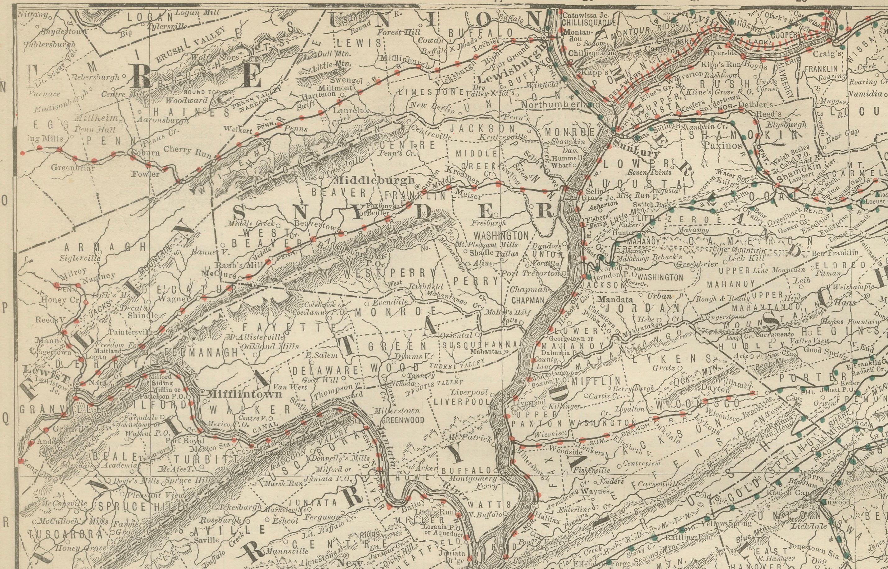 Pennsylvania 1888 Antique Map – The Keystone State, Southeastern Railroads In Good Condition For Sale In Langweer, NL