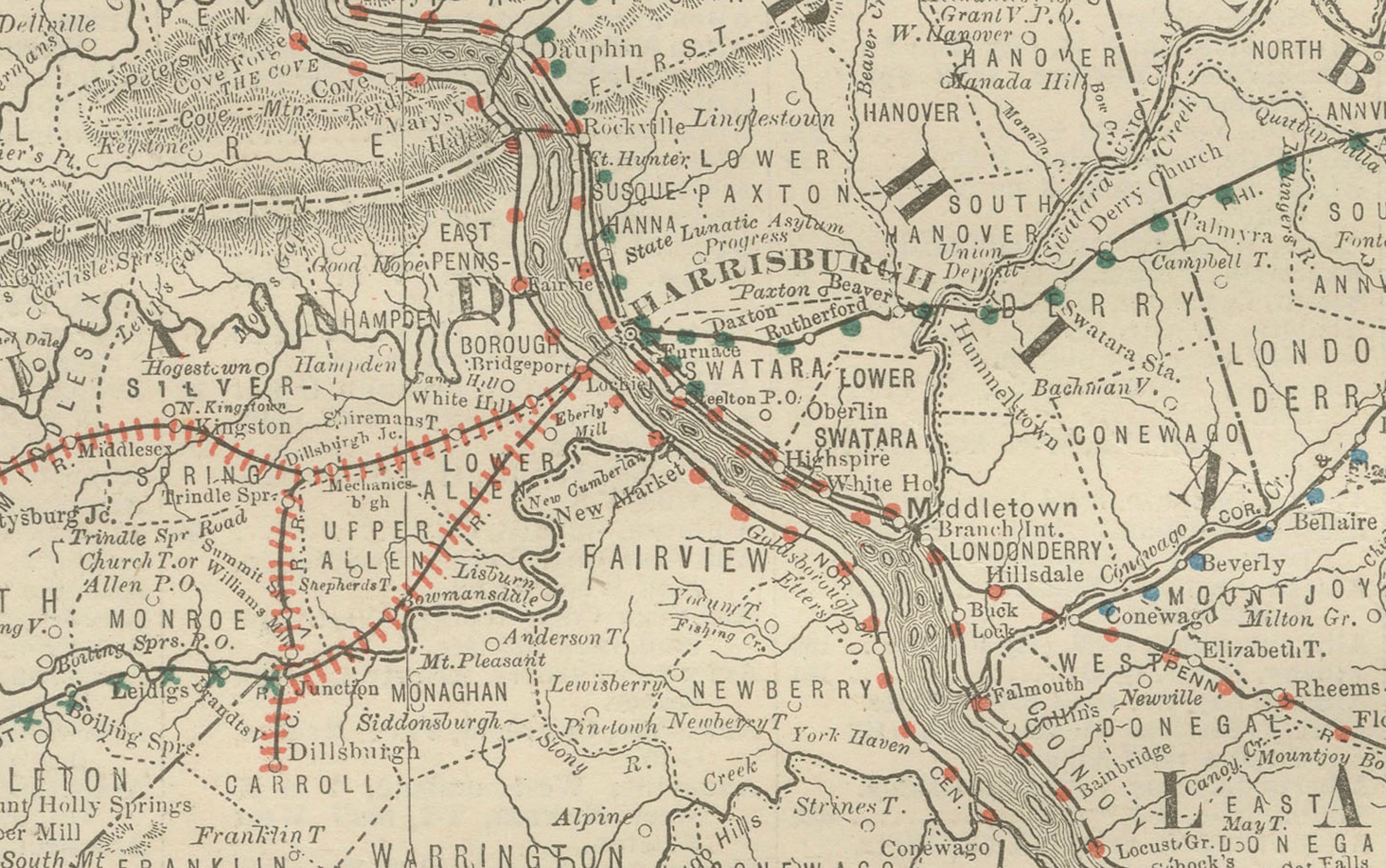 19th Century Pennsylvania 1888 Antique Map – The Keystone State, Southeastern Railroads For Sale