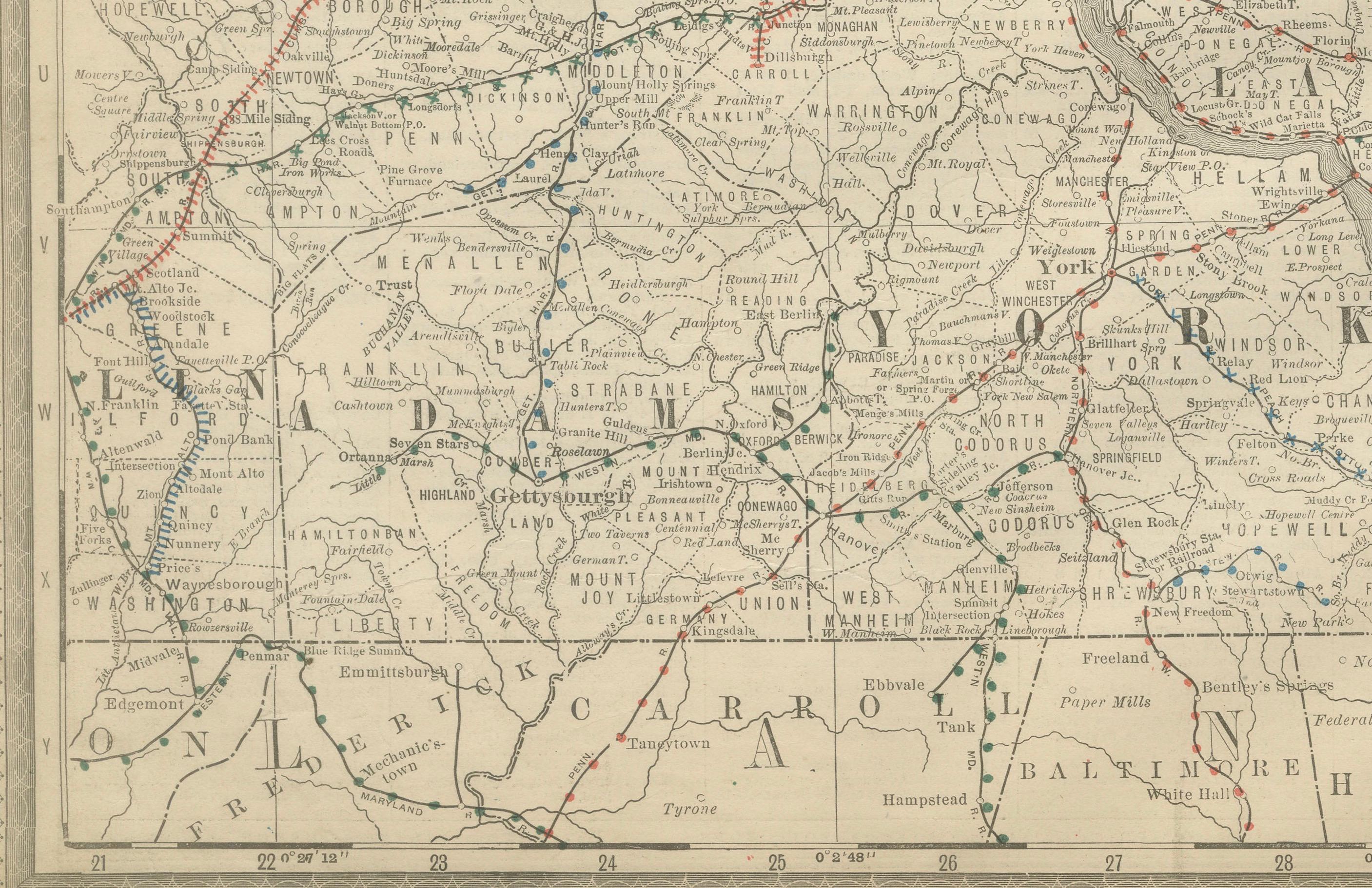 Paper Pennsylvania 1888 Antique Map – The Keystone State, Southeastern Railroads For Sale