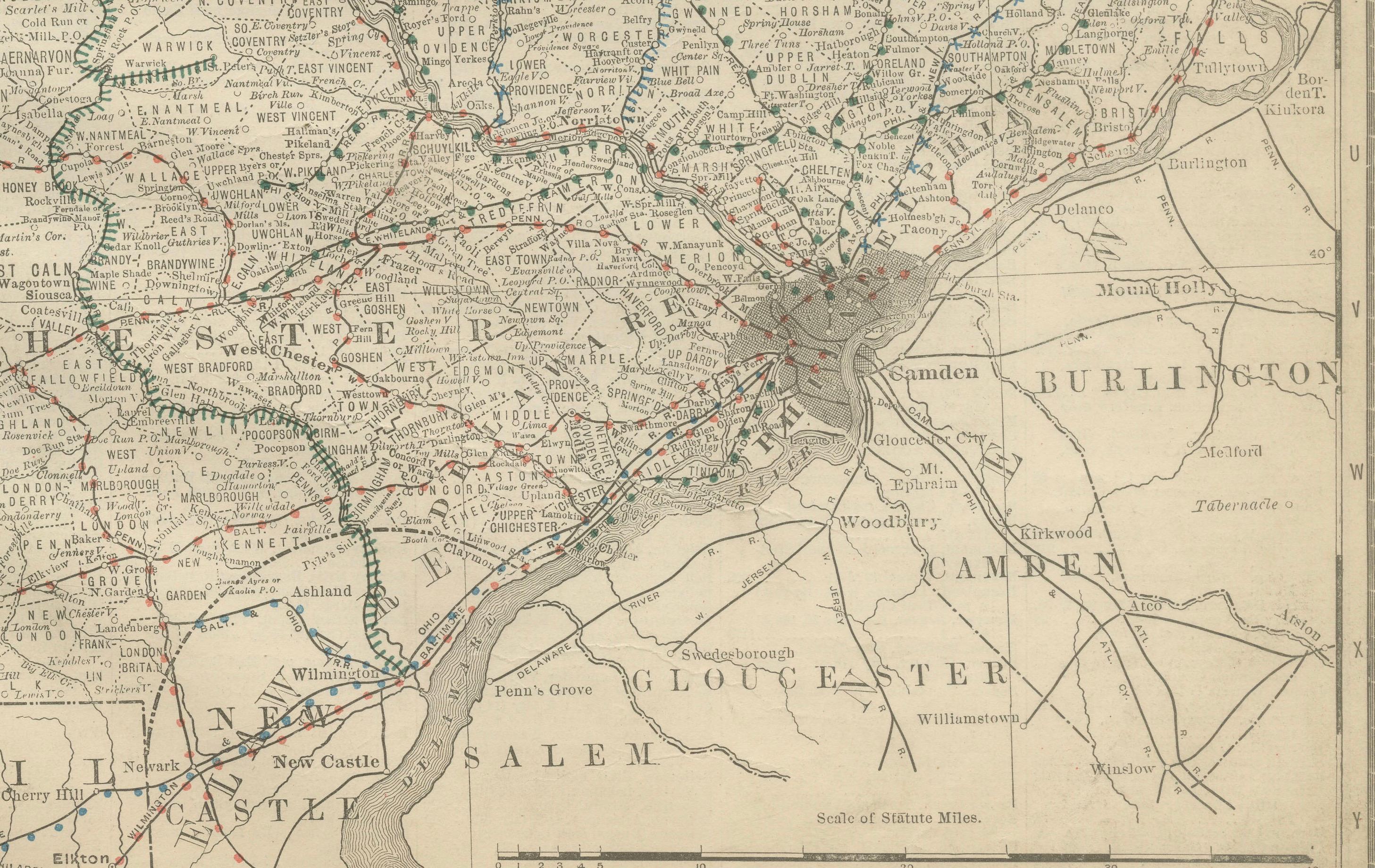 Pennsylvania 1888 Antique Map – The Keystone State, Southeastern Railroads For Sale 2