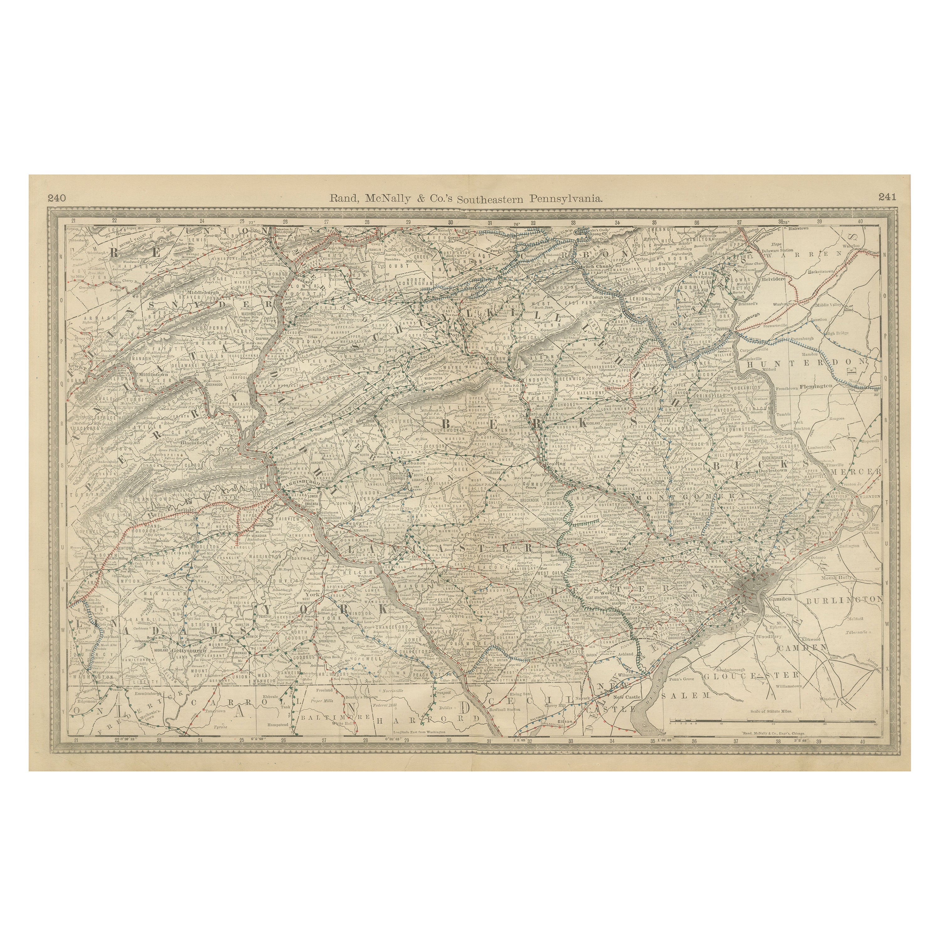 Pennsylvania 1888 Antique Map – The Keystone State, Southeastern Railroads