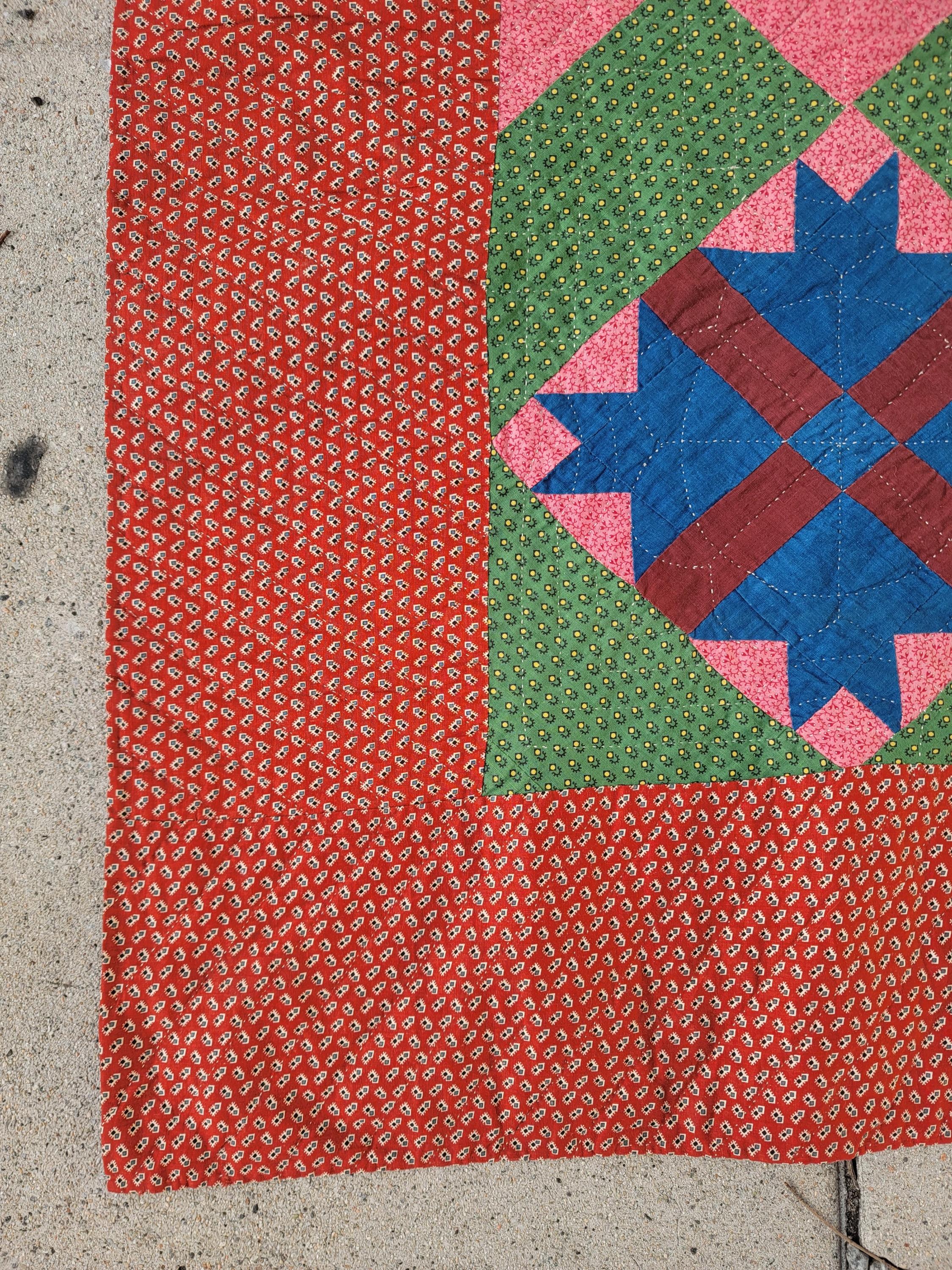 19th century Folky tumbling geometric quilt from Pennsylvania in very good condition. Fine brown calico backing.