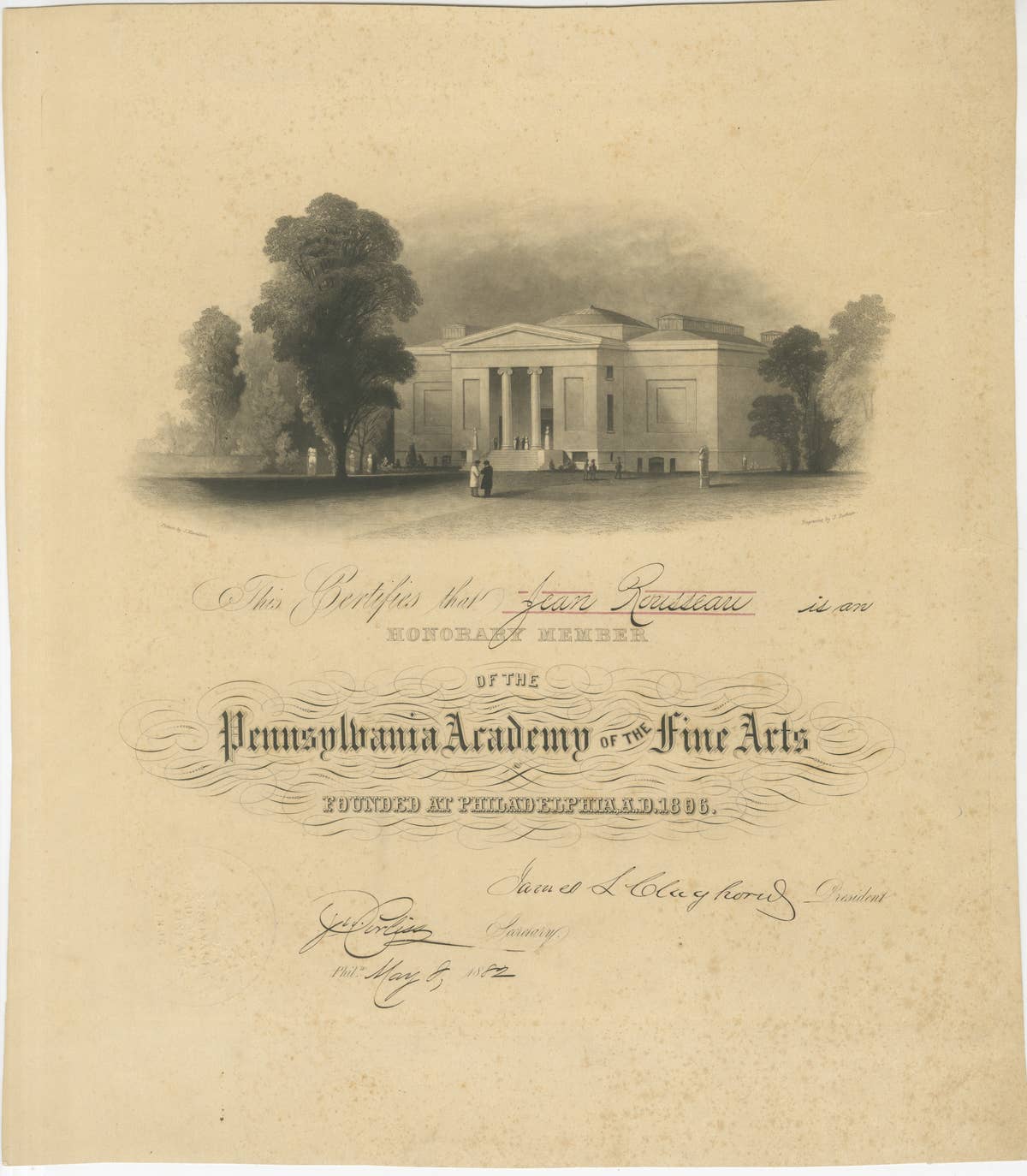 Pennsylvania Academy of the Fine Arts Honorary Membership Certificate, 1882