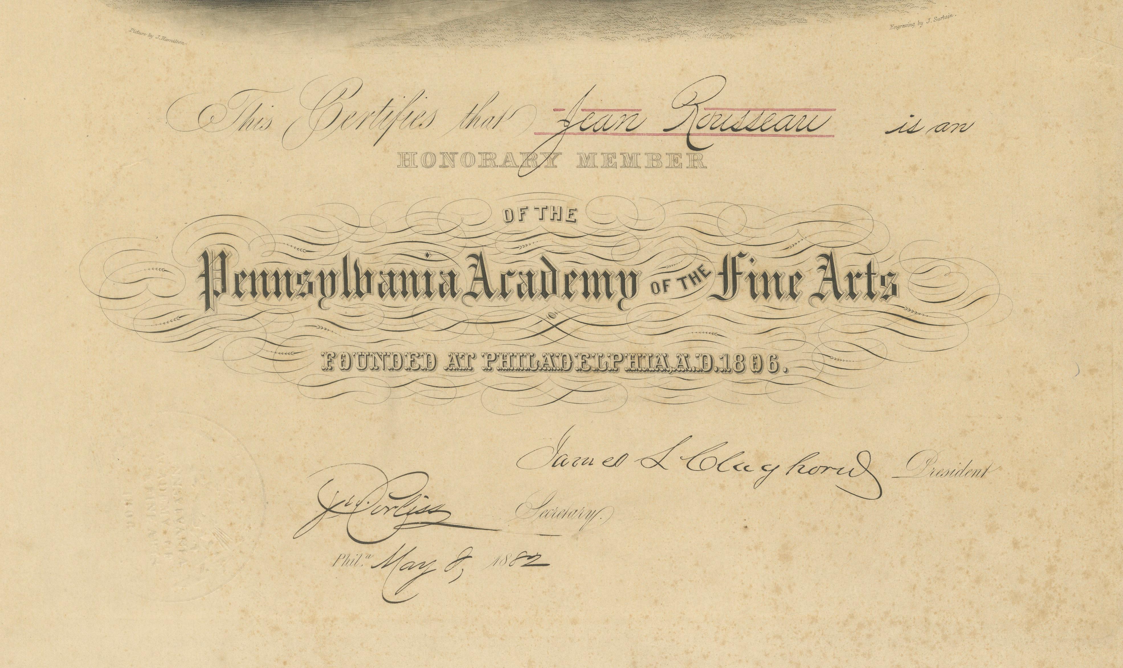 Pennsylvania Academy of the Fine Arts Honorary Membership Certificate, 1882