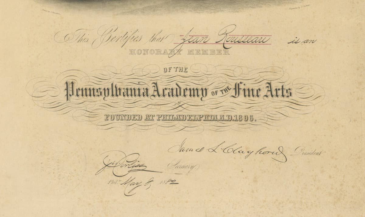 Pennsylvania Academy of the Fine Arts Honorary Membership Certificate, 1882