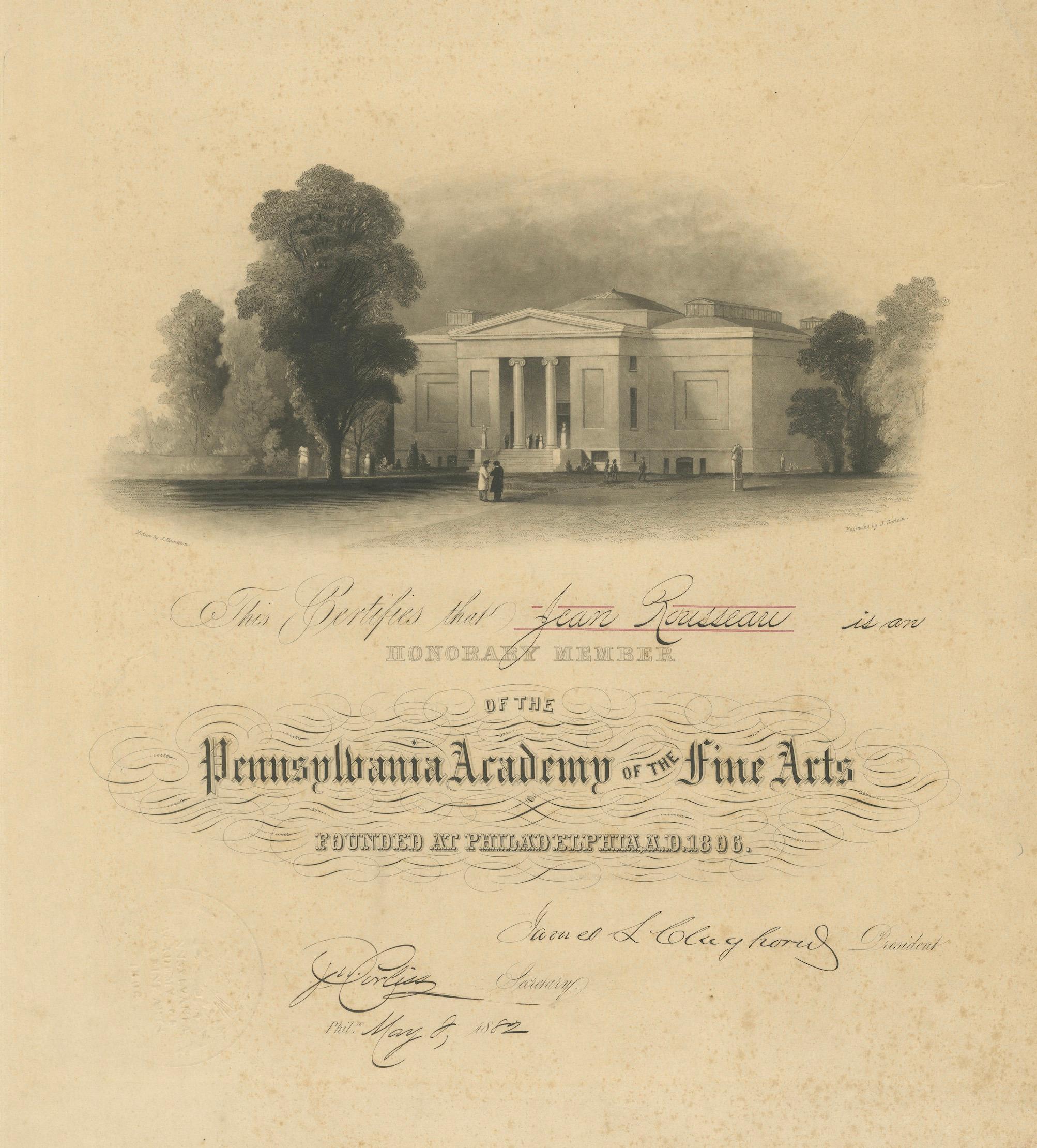 Pennsylvania Academy of the Fine Arts Honorary Membership Certificate, 1882