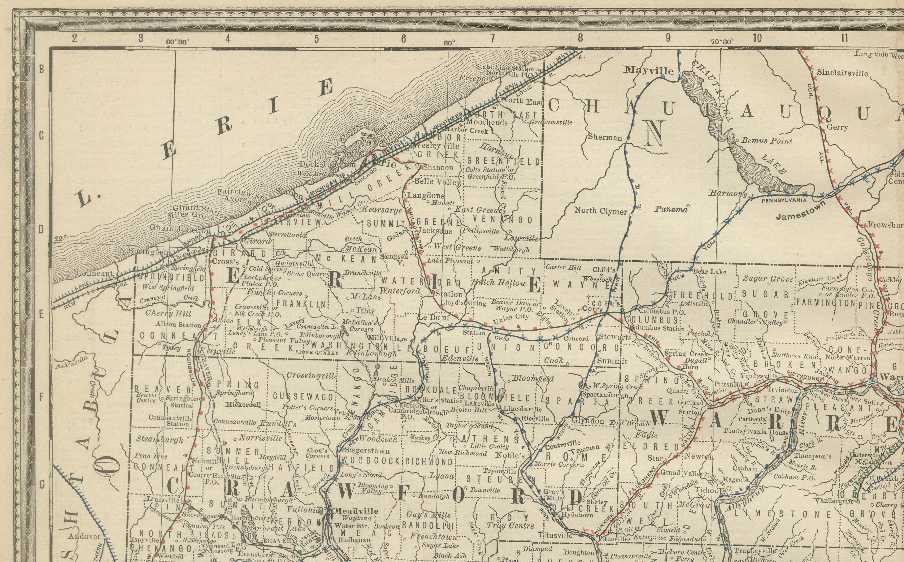 American Pennsylvania Antique Map c.1888 – The Keystone State, Northwestern Counties For Sale