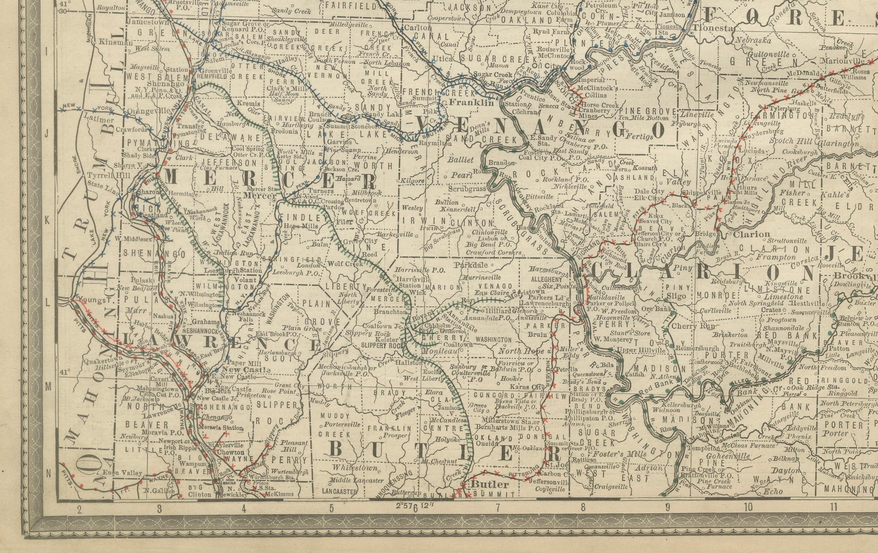 Engraved Pennsylvania Antique Map c.1888 – The Keystone State, Northwestern Counties For Sale