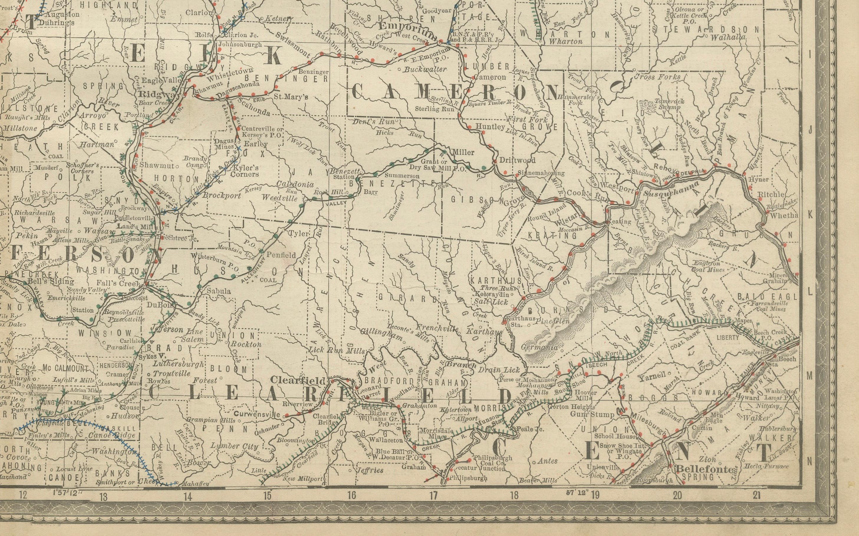 Pennsylvania Antique Map c.1888 – The Keystone State, Northwestern Counties In Good Condition For Sale In Langweer, NL