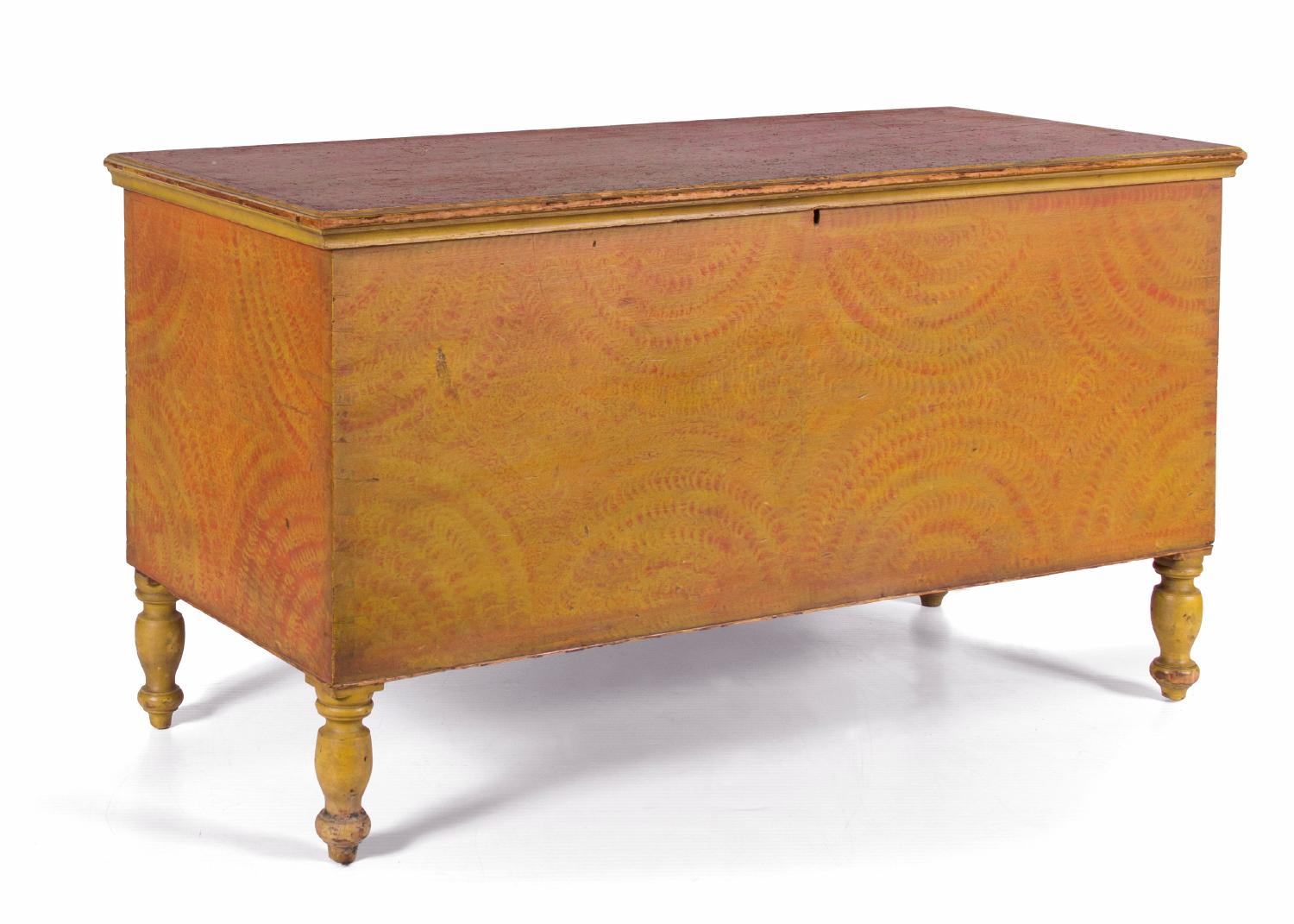 PENNSYLVANIA BLANKET CHEST IN YELLOW AND ORANGE PAINT WITH SPONGED DECORATION, STYLIZED LIKE OPPOSING FANS OR SUNBURSTS, CIRCA 1830-1850:

Paint-decorated, Pennsylvania blanket chest, probably of Lancaster or York County origin. Made circa