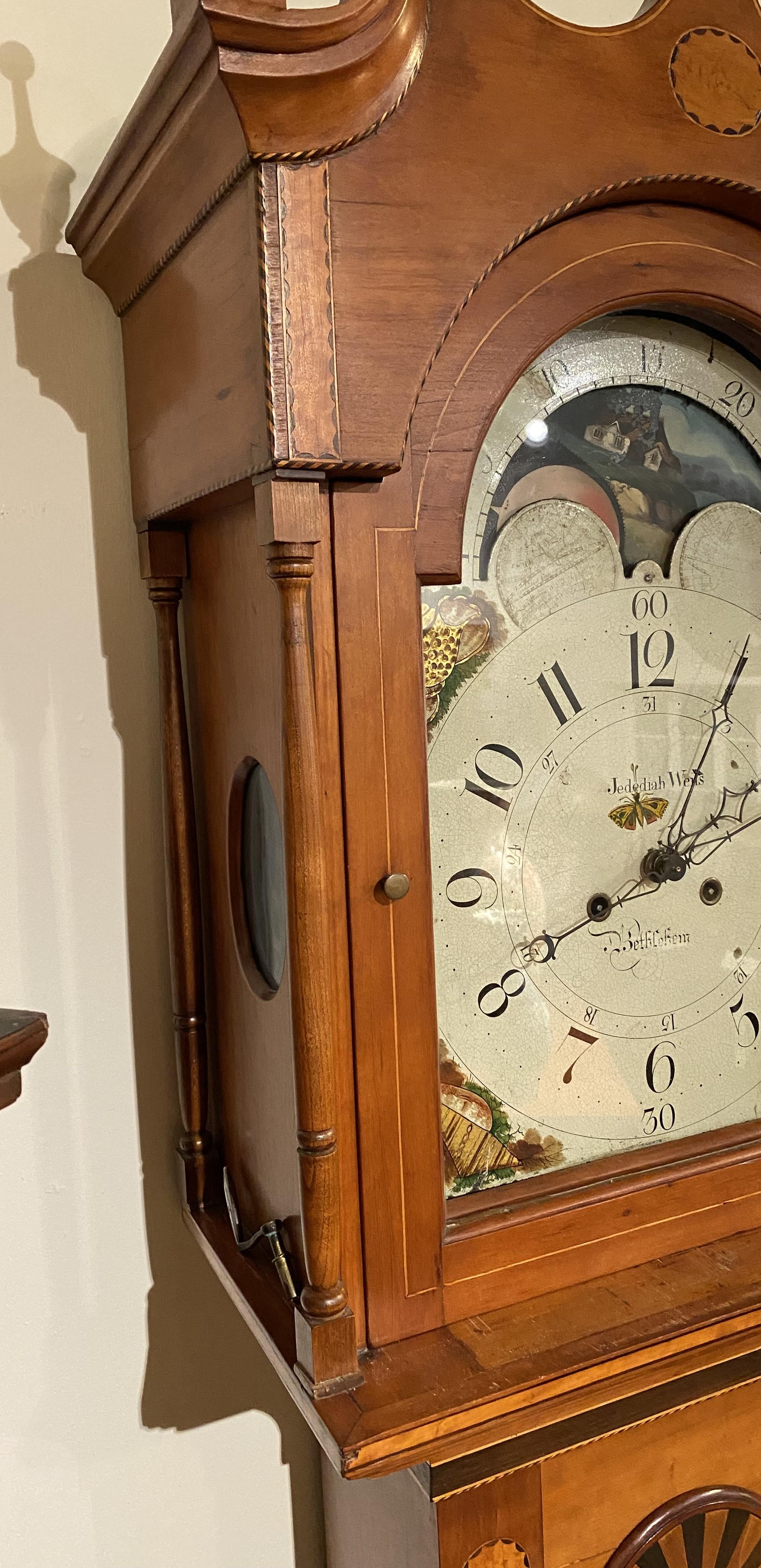 American Pennsylvania Cherry Tall Case Clock, Jedediah Weiss, Bethlehem For Sale