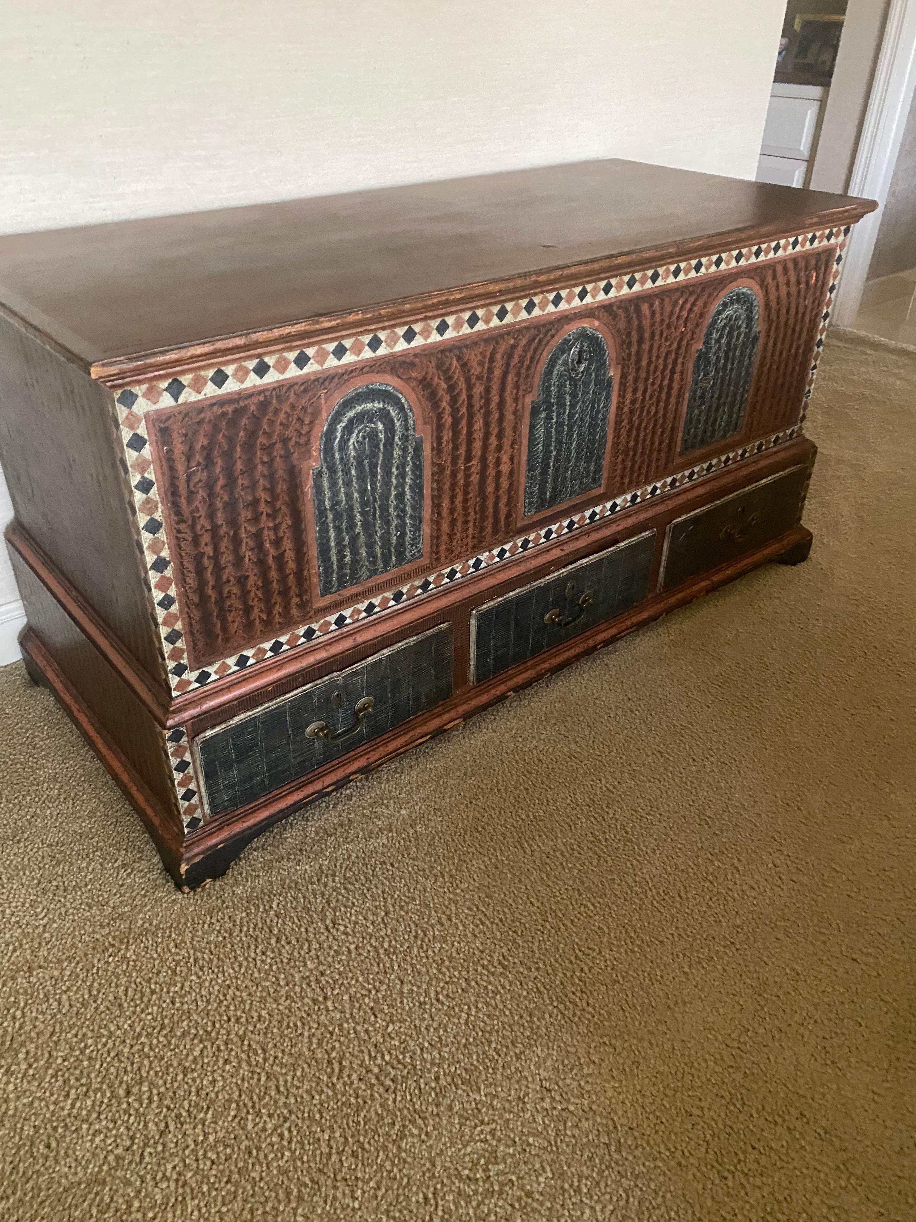 Painted Pennsylvania Dower Chest with drawers and tombstone panels For Sale