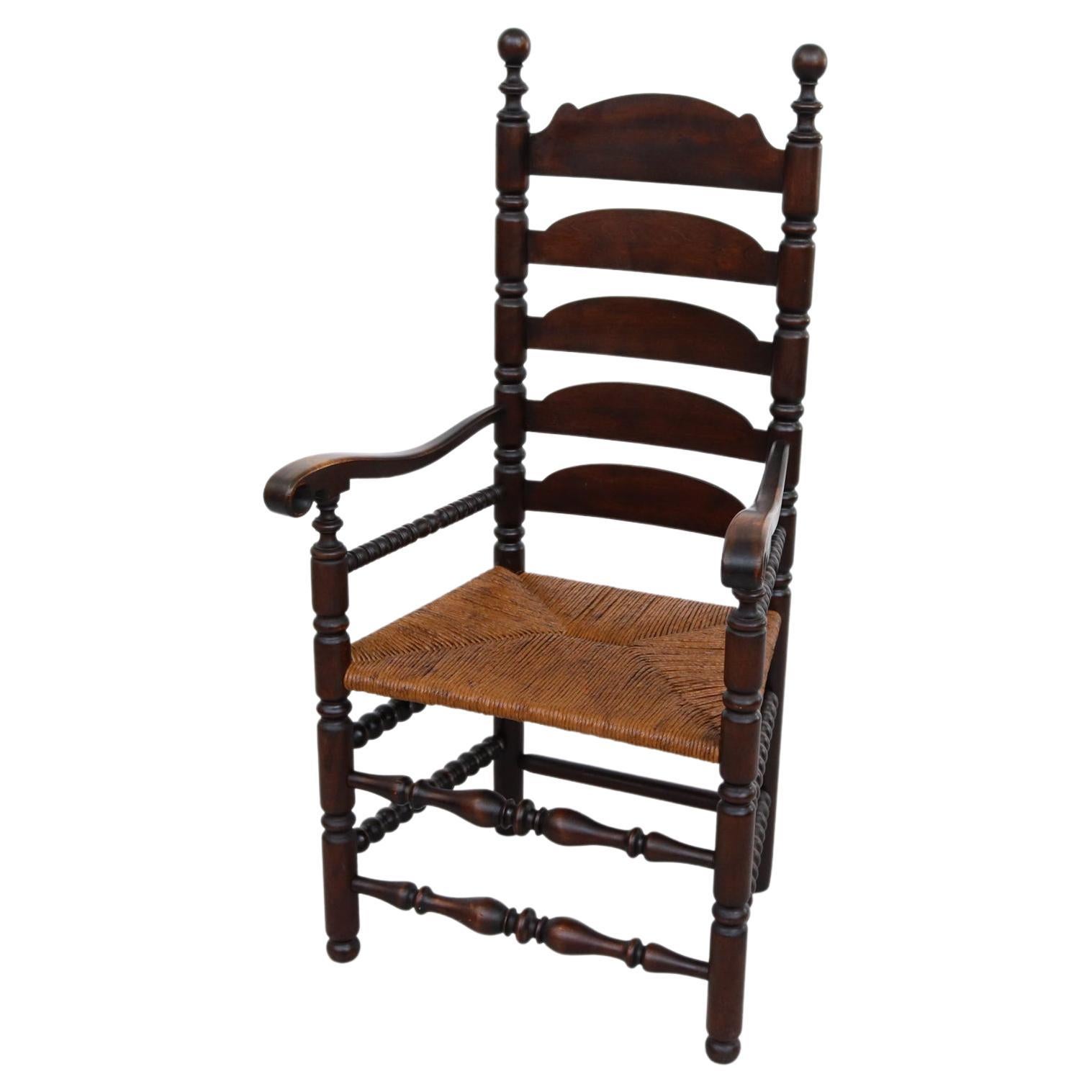 Pennsylvania Dutch Inspired Ladder Back Armchair with Rush Seat