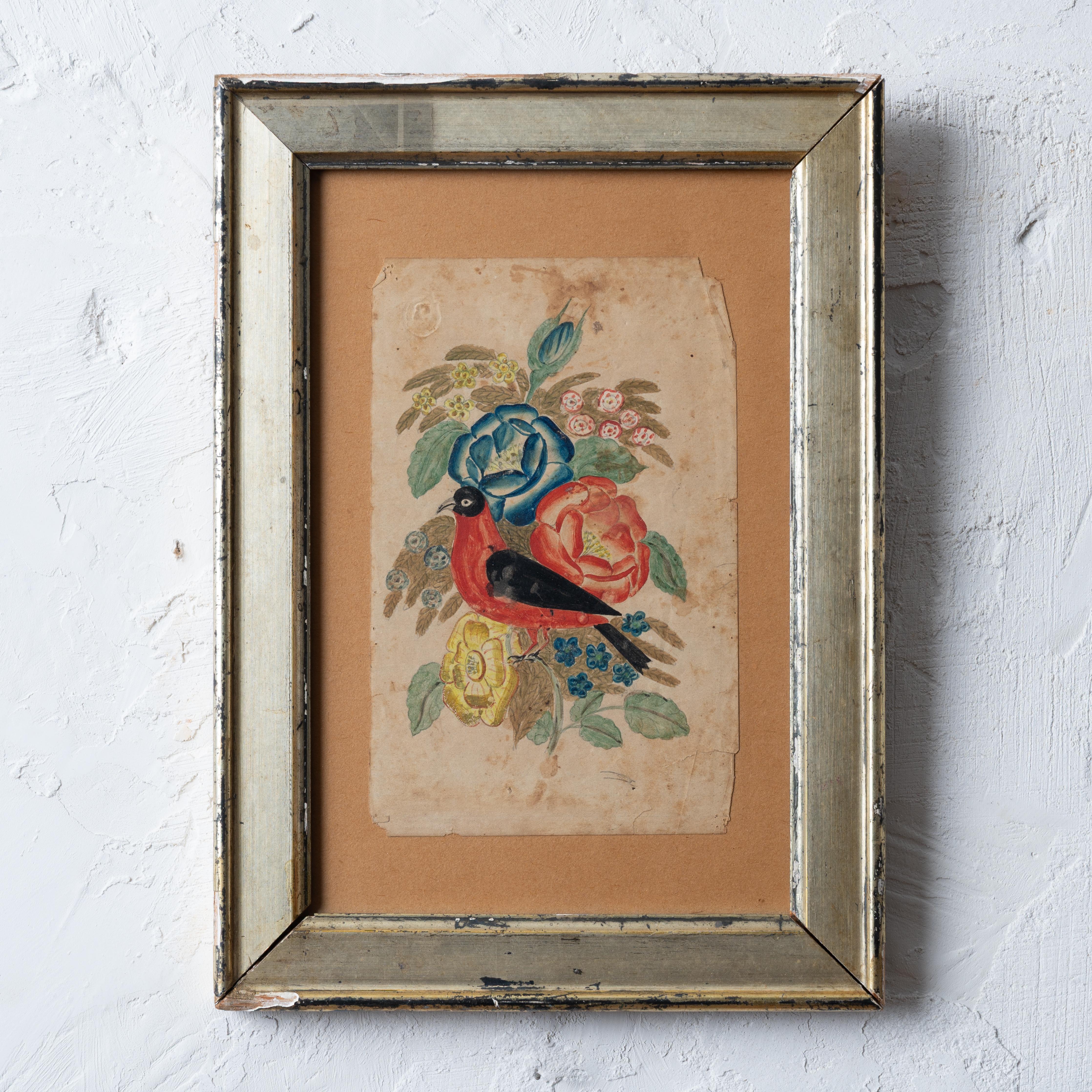 A Pennsylvania fraktur bird and flower, 19th century.

On stationary paper with embossed maker mark upper left of oval profile bust. 



piece: 4 ½ by 7 inches

frame: 8 ⅛ by 11 ⅜ inches


