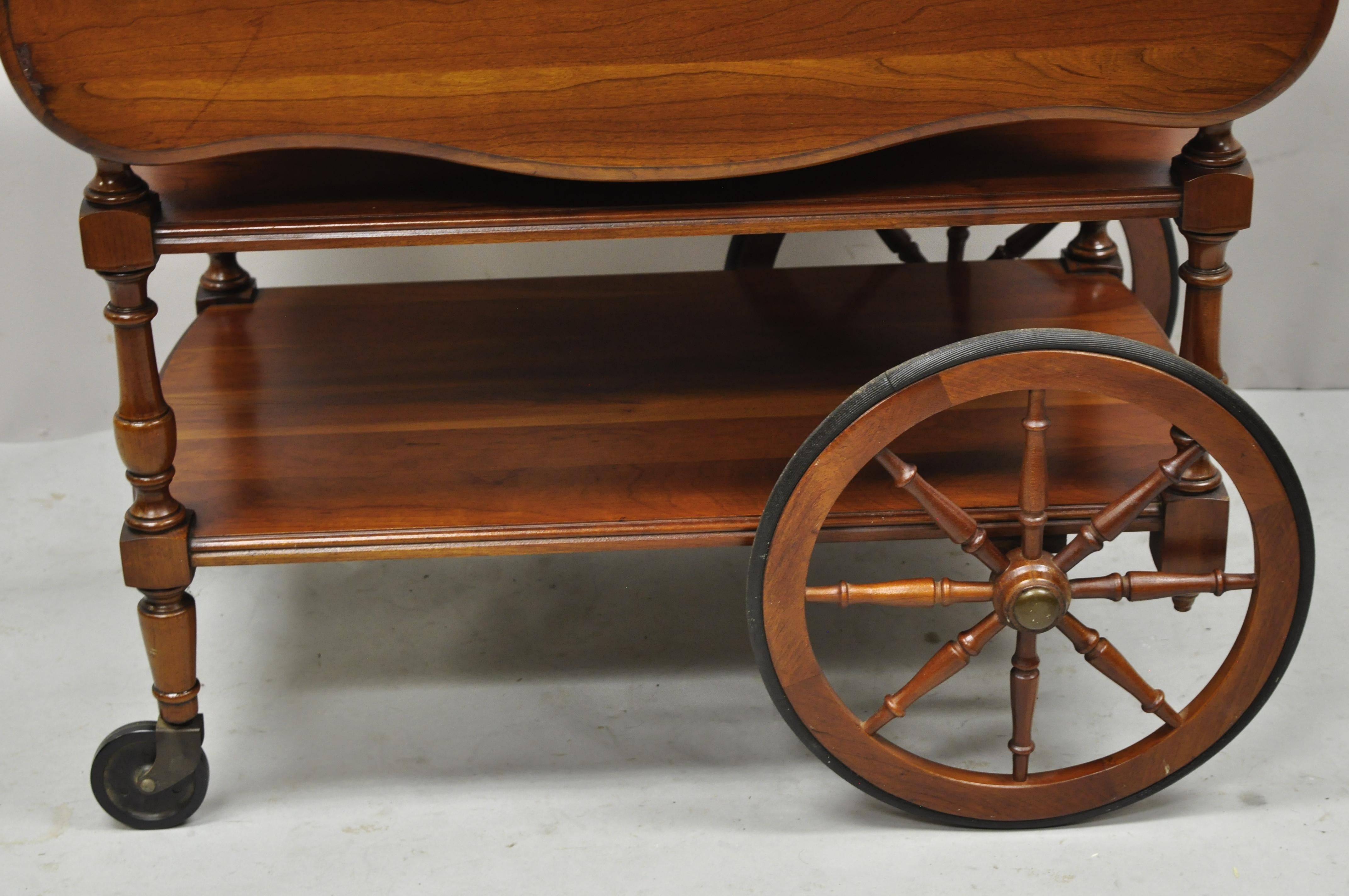 British Colonial Pennsylvania House Cherry Wood Drop Leaf Rolling Tea Cart Server with Drawer
